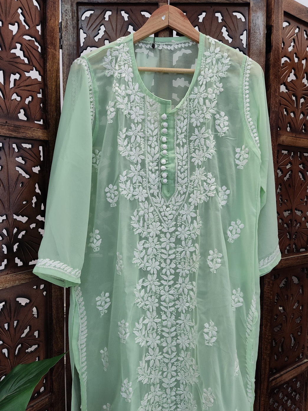 Pista Green Georgette Chikankari Straight Kurti