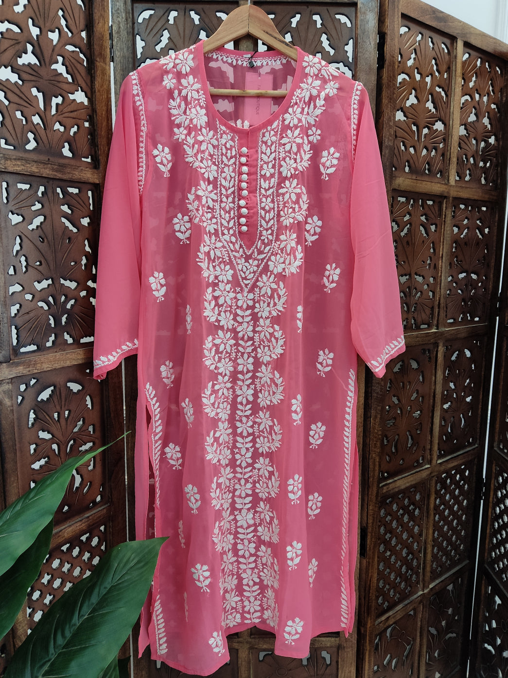 Peach Georgette Chikankari Straight Kurti