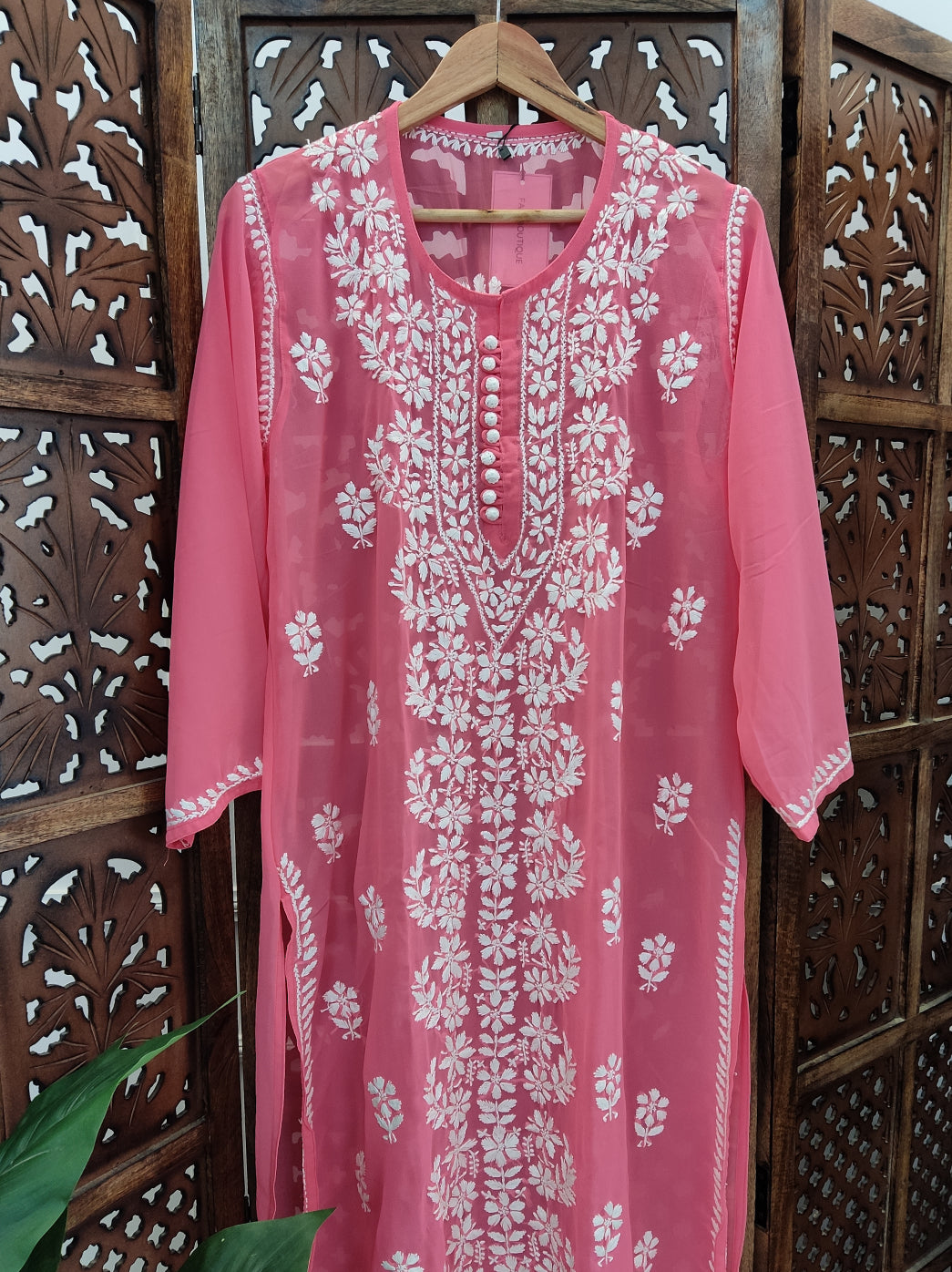 Peach Georgette Chikankari Straight Kurti