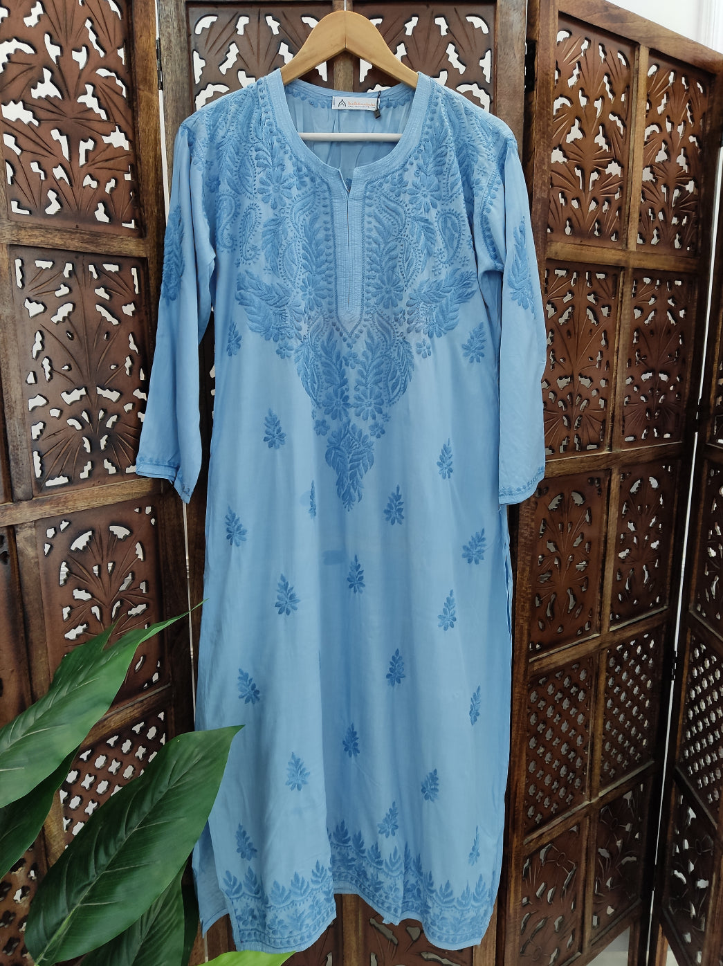 Blue Modal Chikankari Straight Kurti