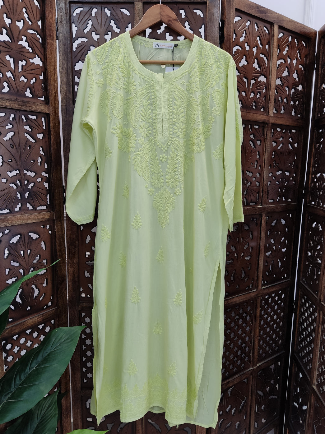 Lime Green Modal Chikankari Straight Kurti