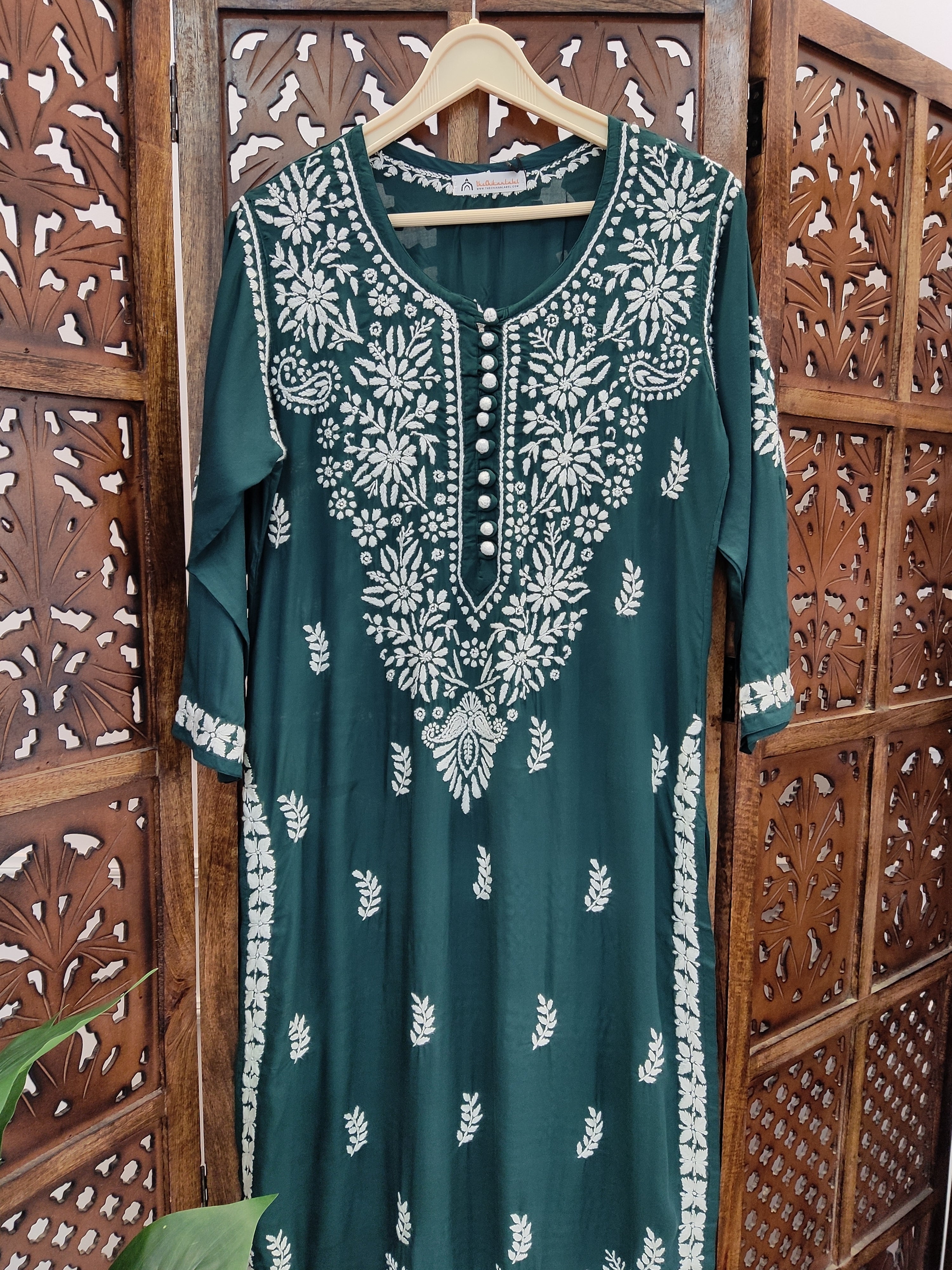 Green Modal Chikankari Straight Kurti