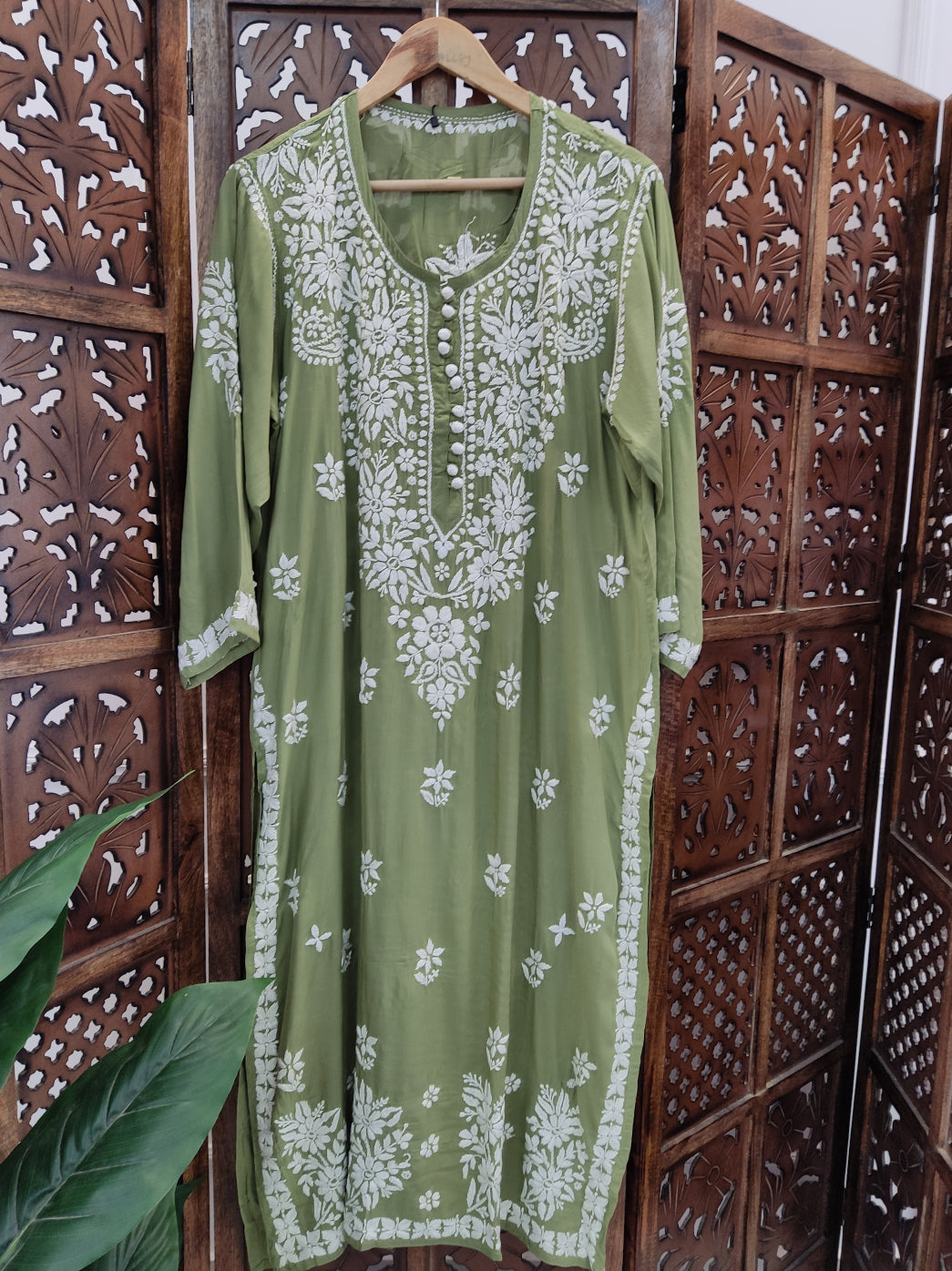 Mehndi Green Modal Chikankari Straight Kurti