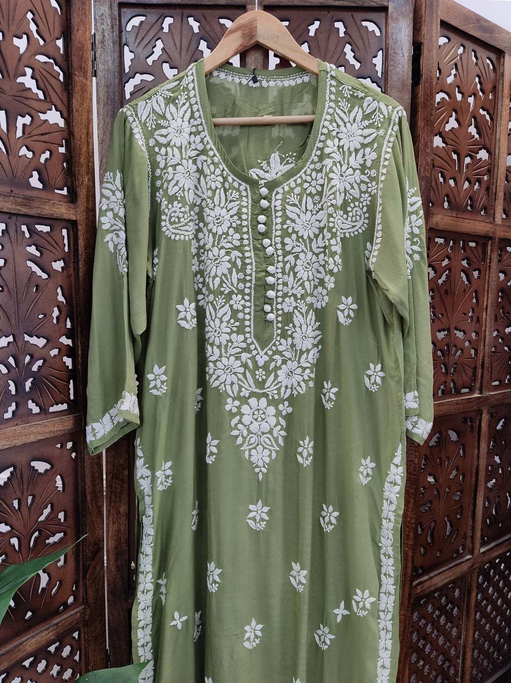 Mehndi Green Modal Chikankari Straight Kurti