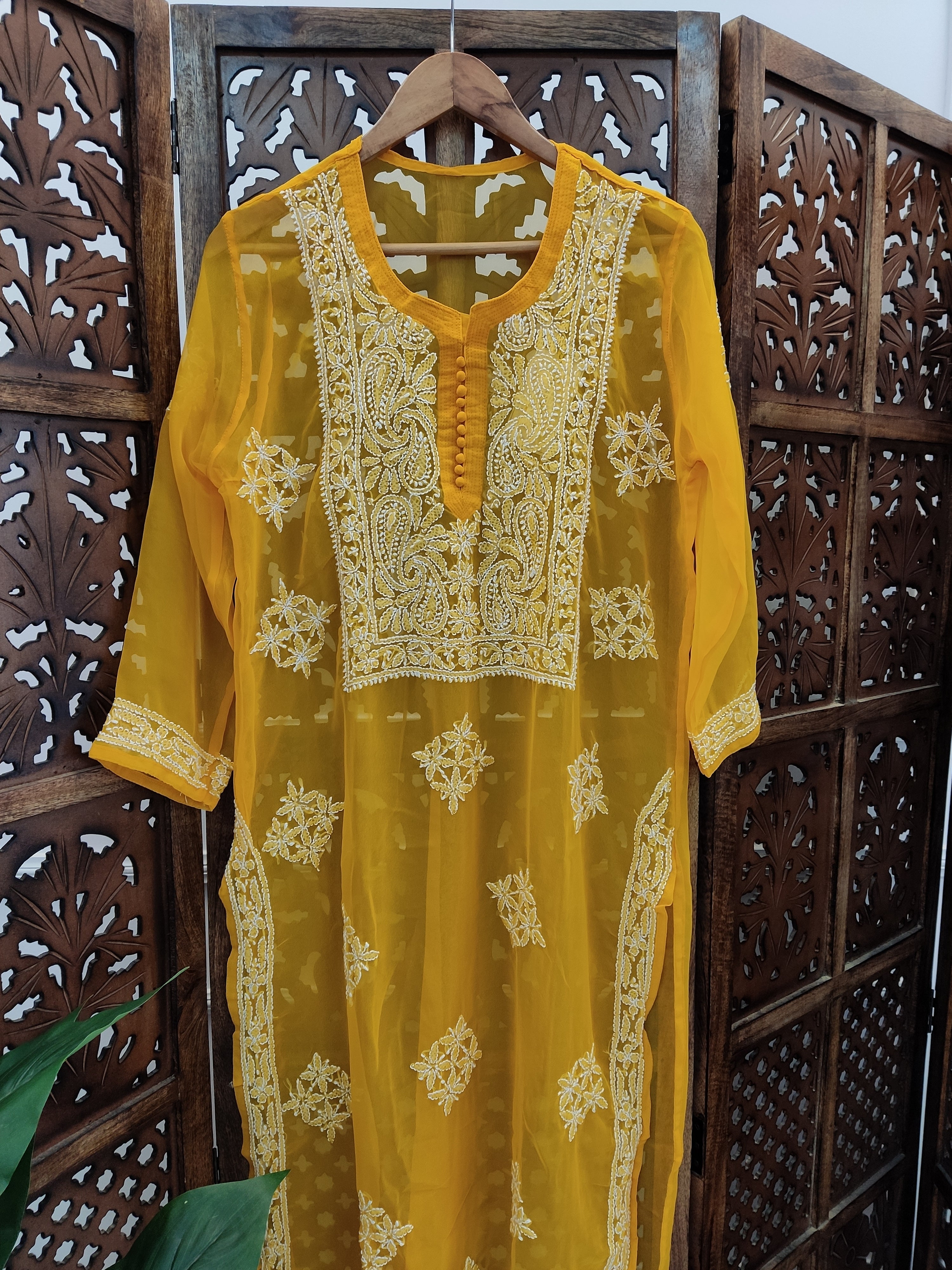 Mustard Yellow Georgette Chikankari Straight Kurti