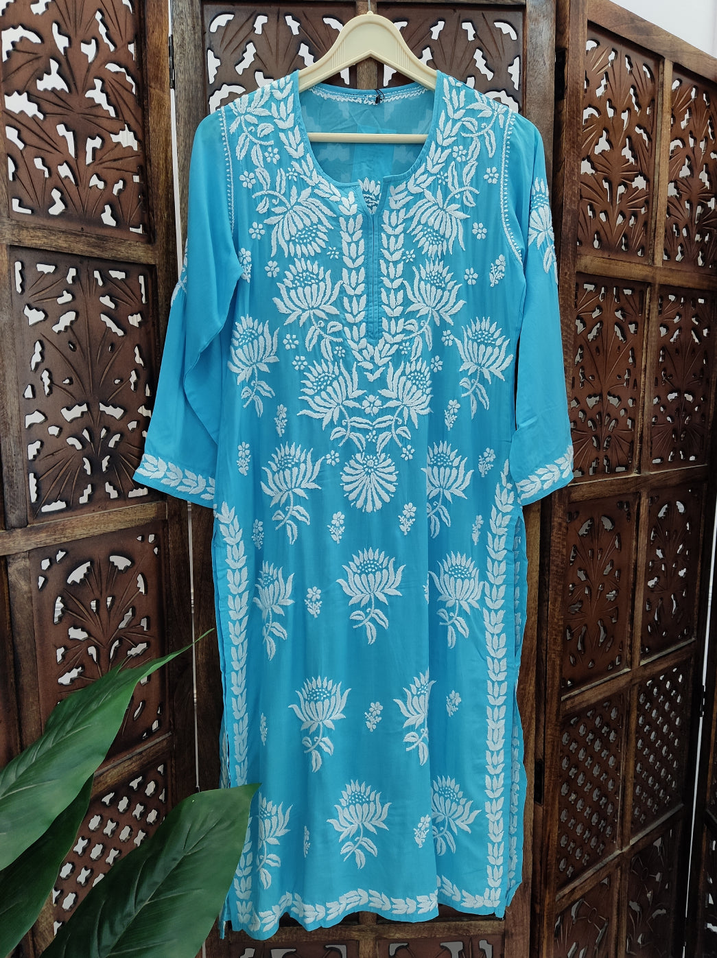 Sky Blue Modal Chikankari Straight Kurti