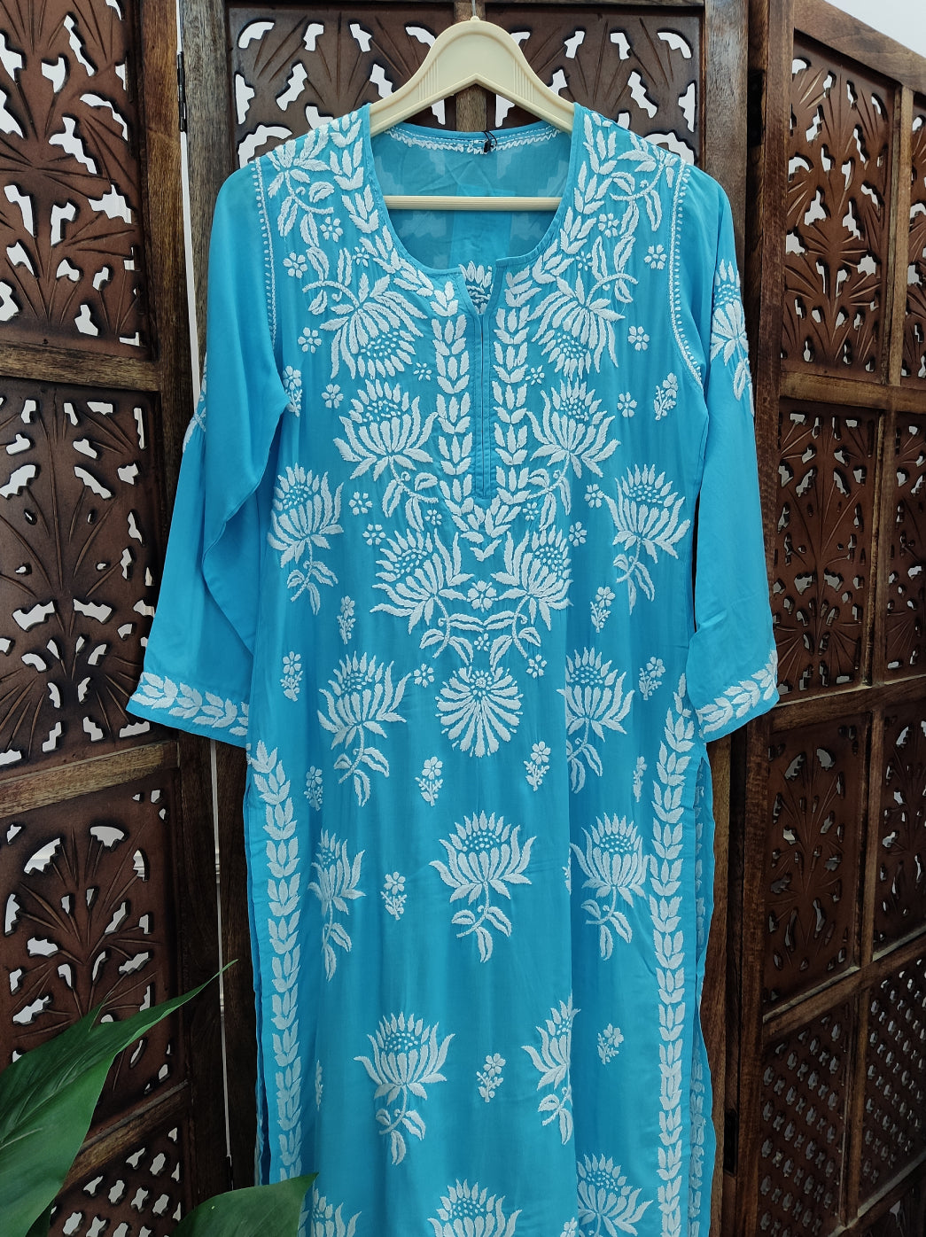 Sky Blue Modal Chikankari Straight Kurti