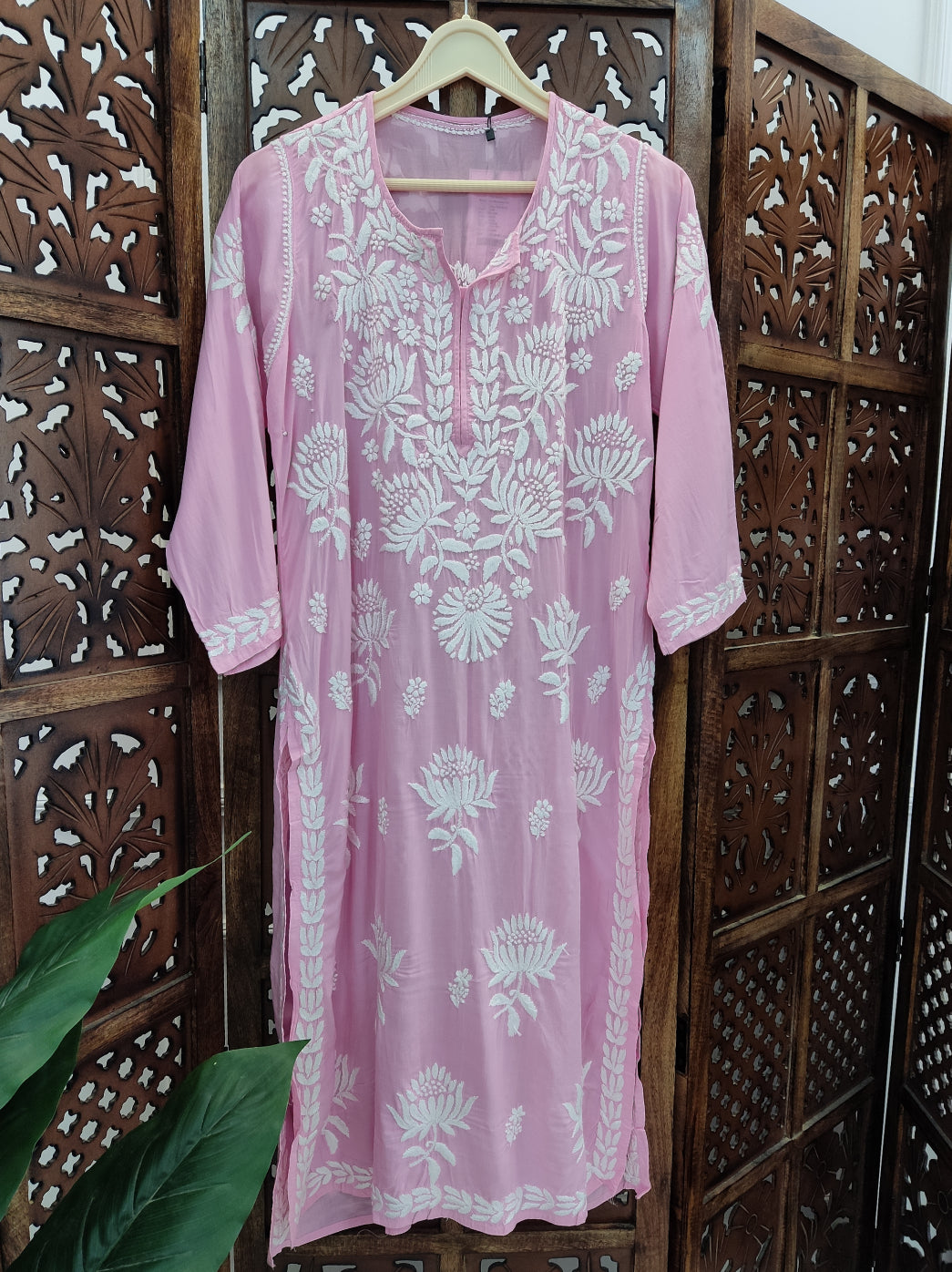 Baby Pink Modal Chikankari Straight Kurti