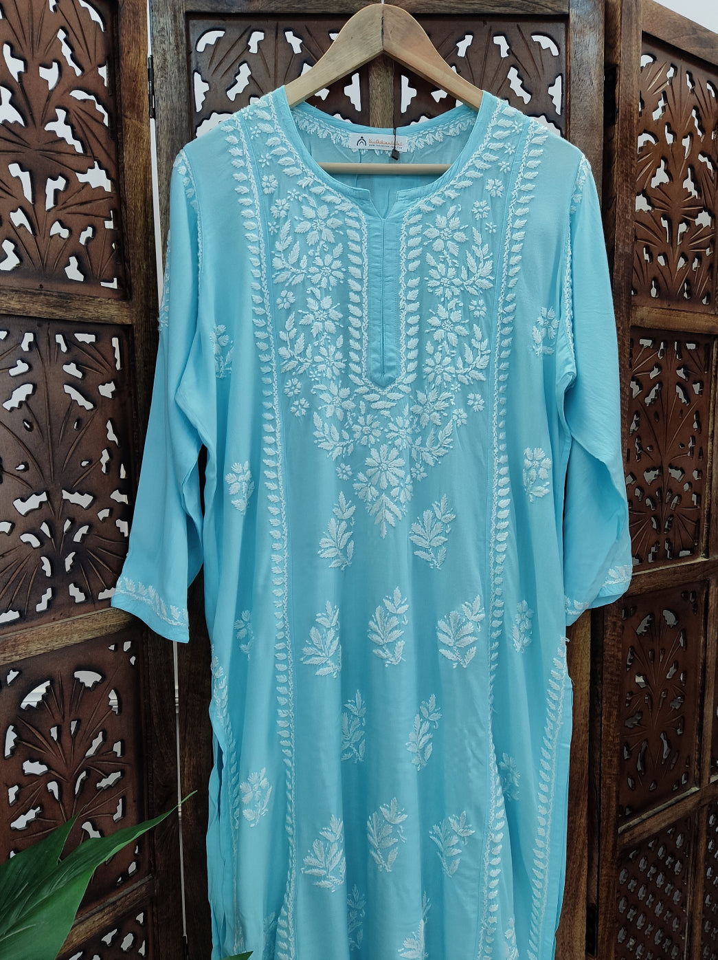 Sky Blue Rayon Chikankari Straight Kurti