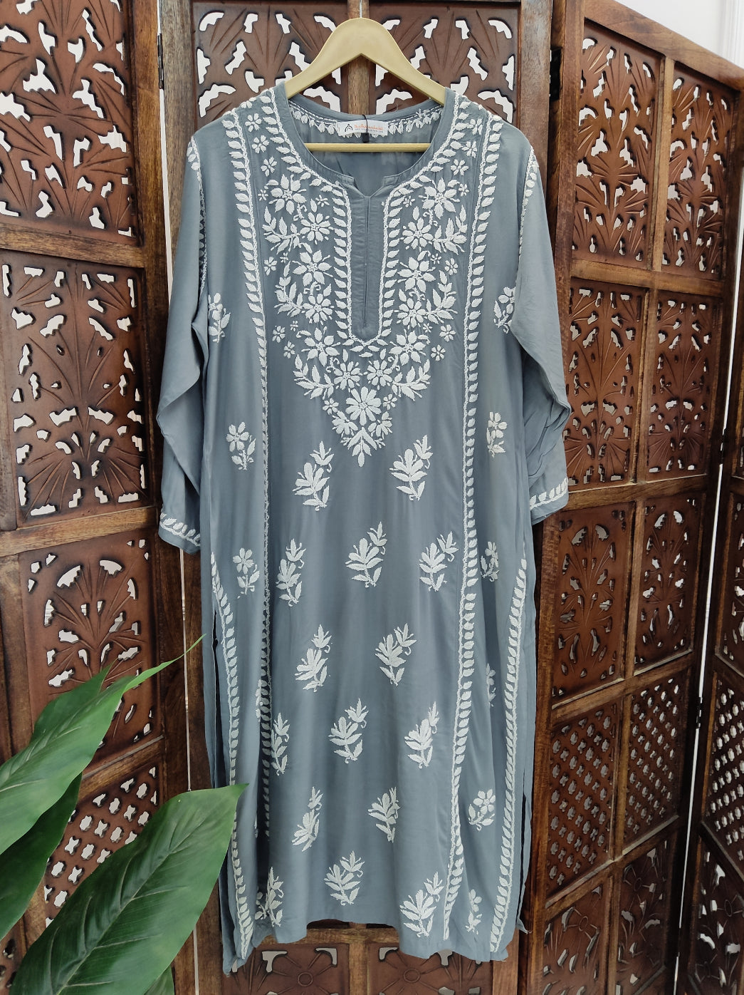 Grey Rayon Chikankari Straight Kurti