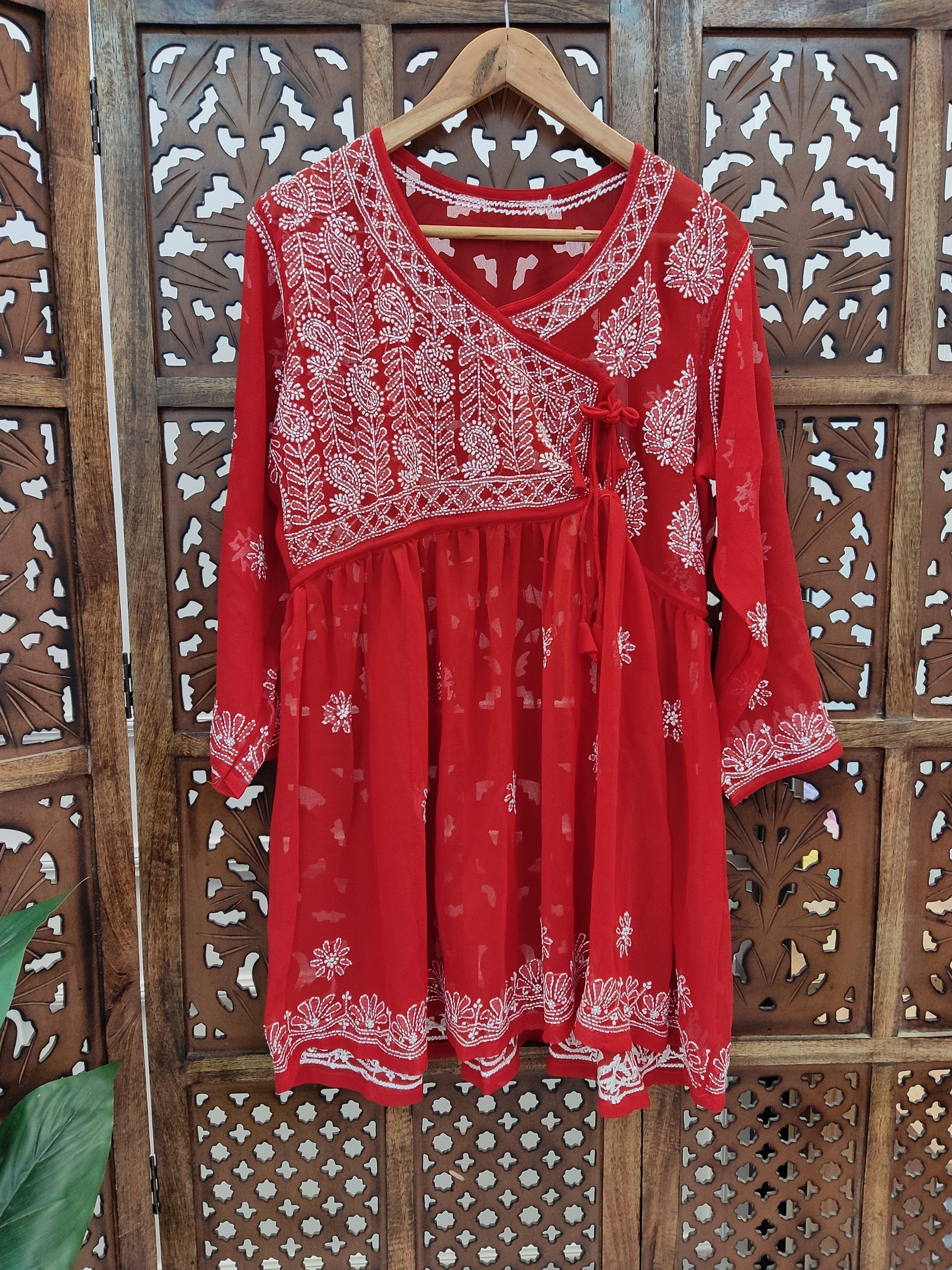 Red Georgette Chikankari Short Angarkha