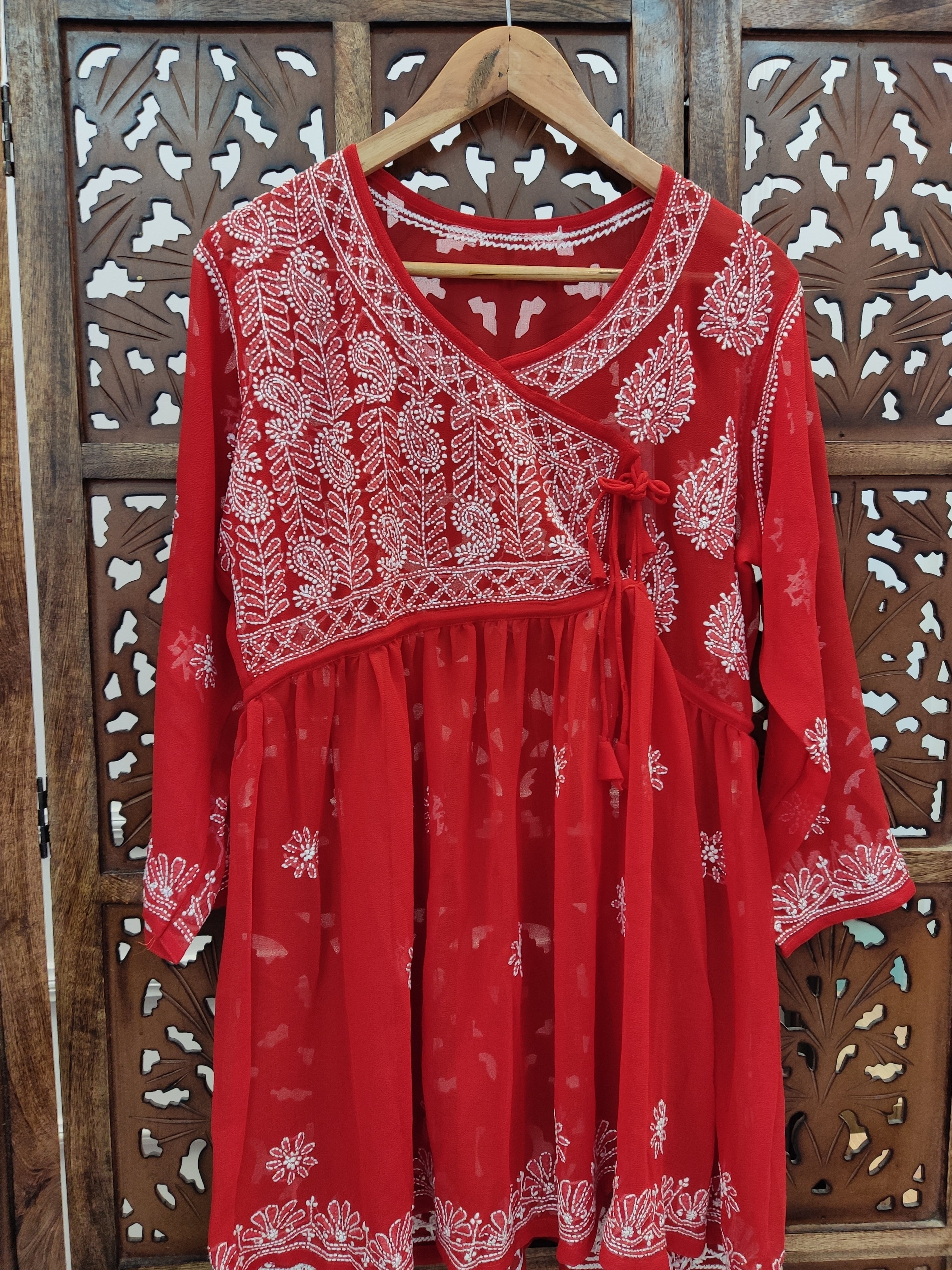 Red Georgette Chikankari Short Angarkha