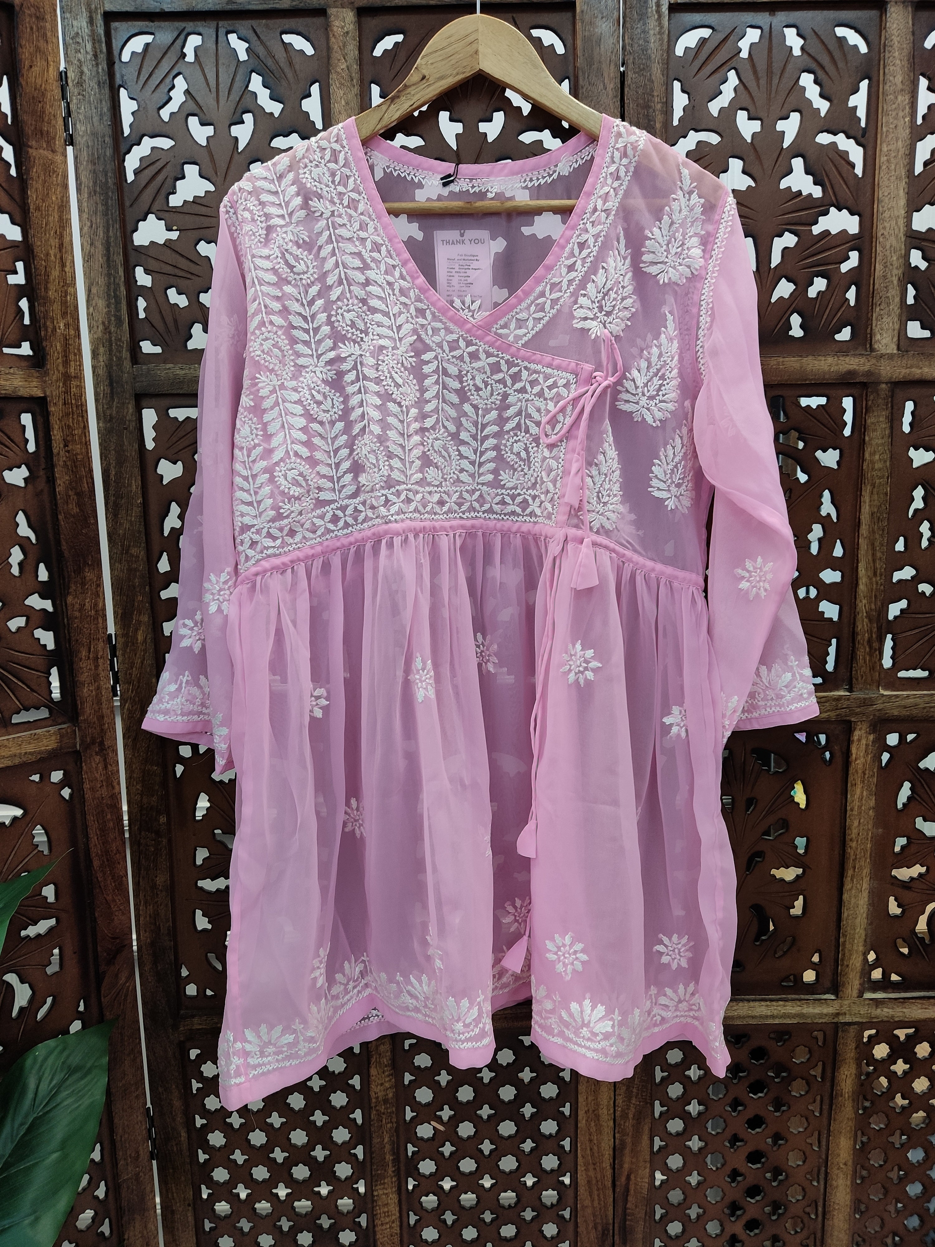 Baby Pink Georgette Chikankari Short Angarkha