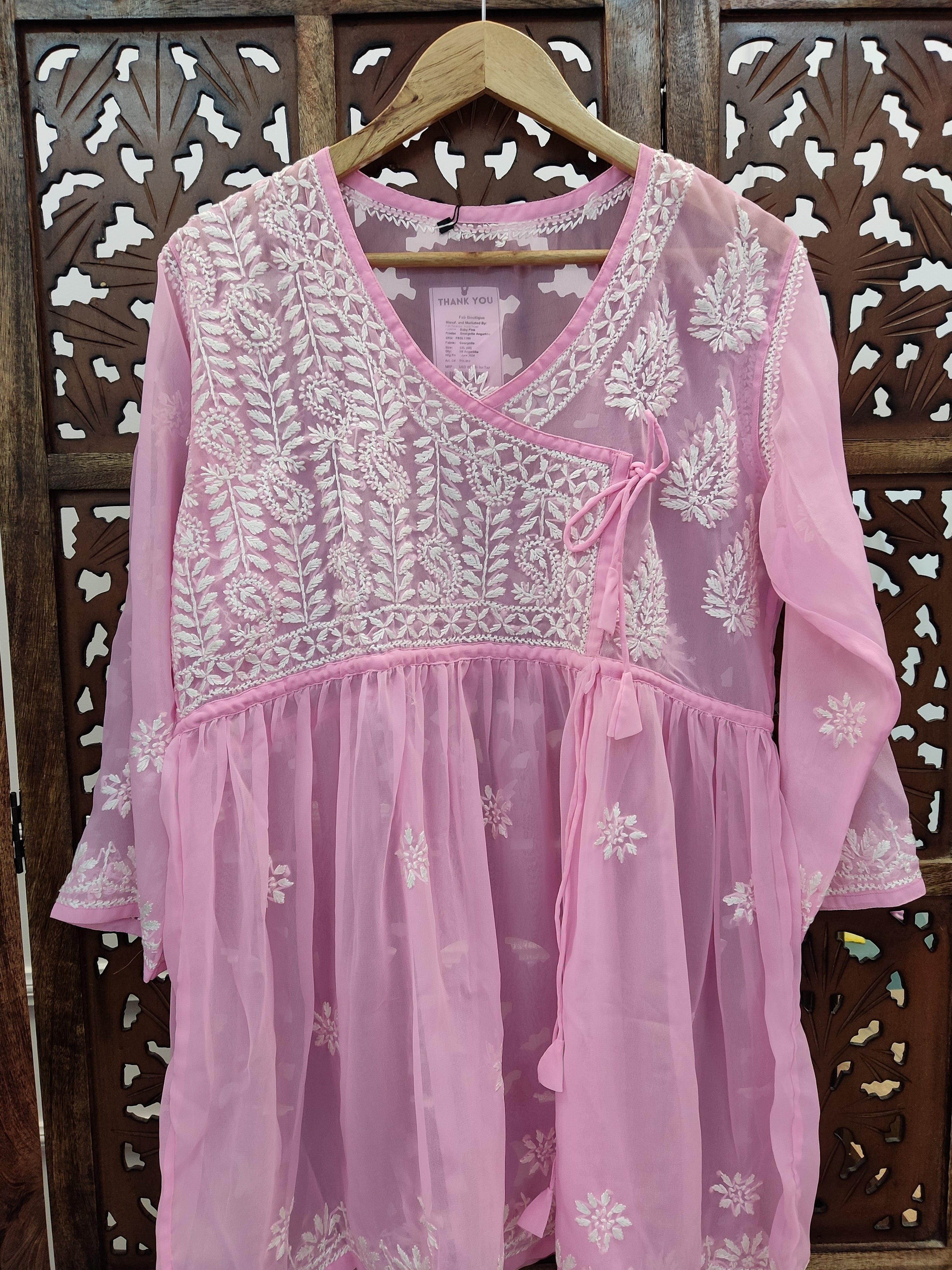 Baby Pink Georgette Chikankari Short Angarkha