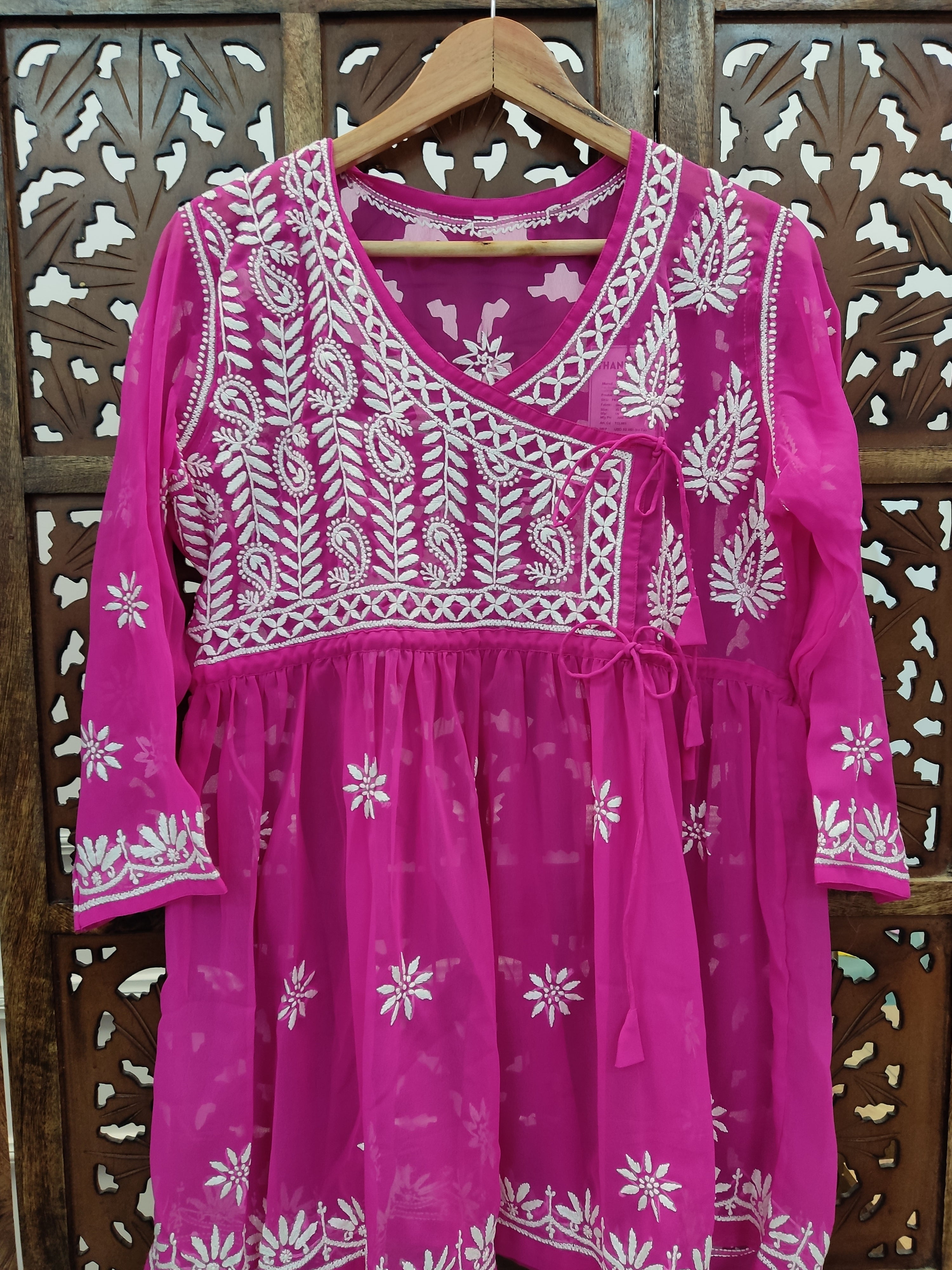 Rani Pink Georgette Chikankari Short Angarkha