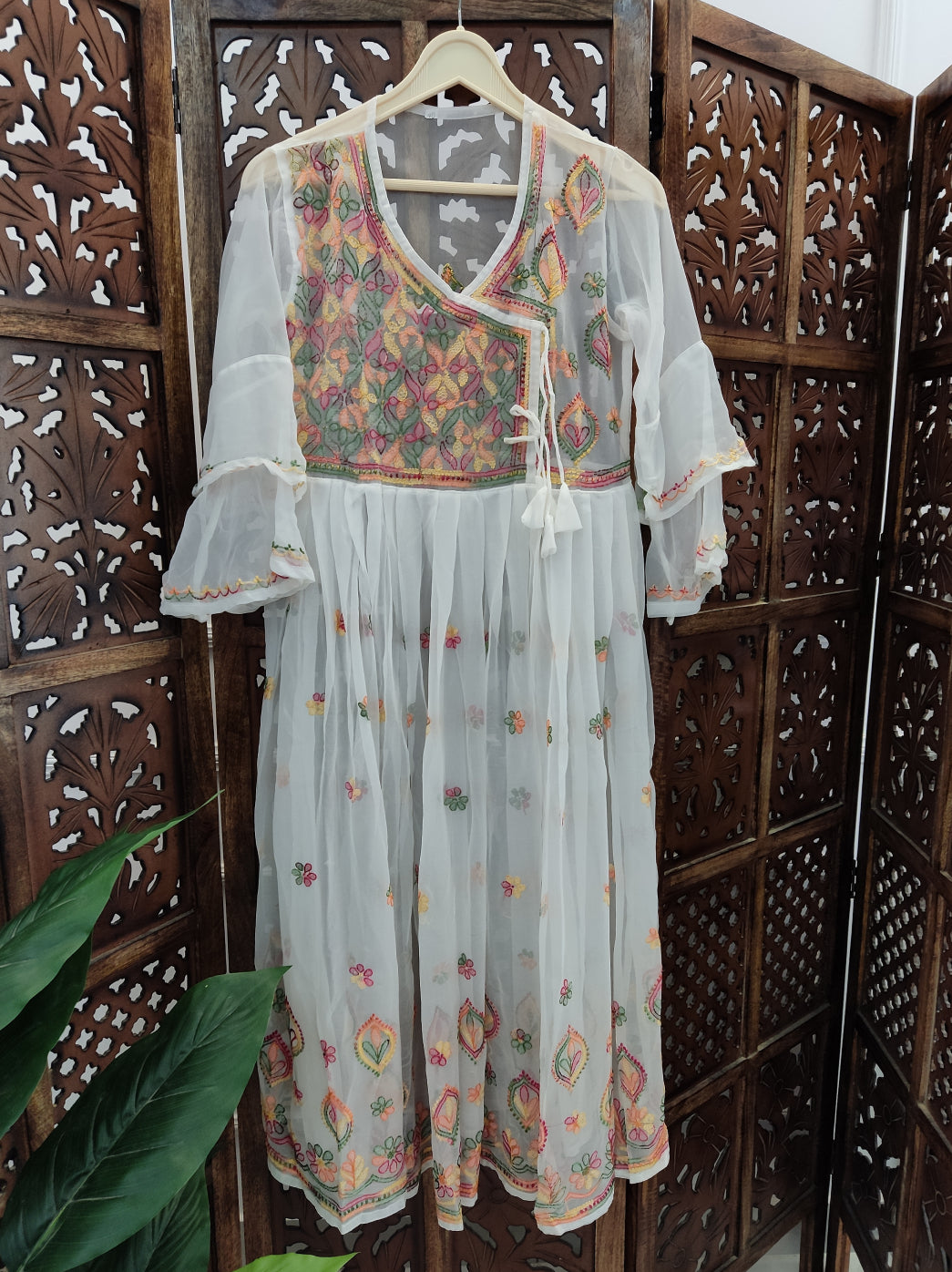 White Multi Georgette Chikankari Angarkha Kurti