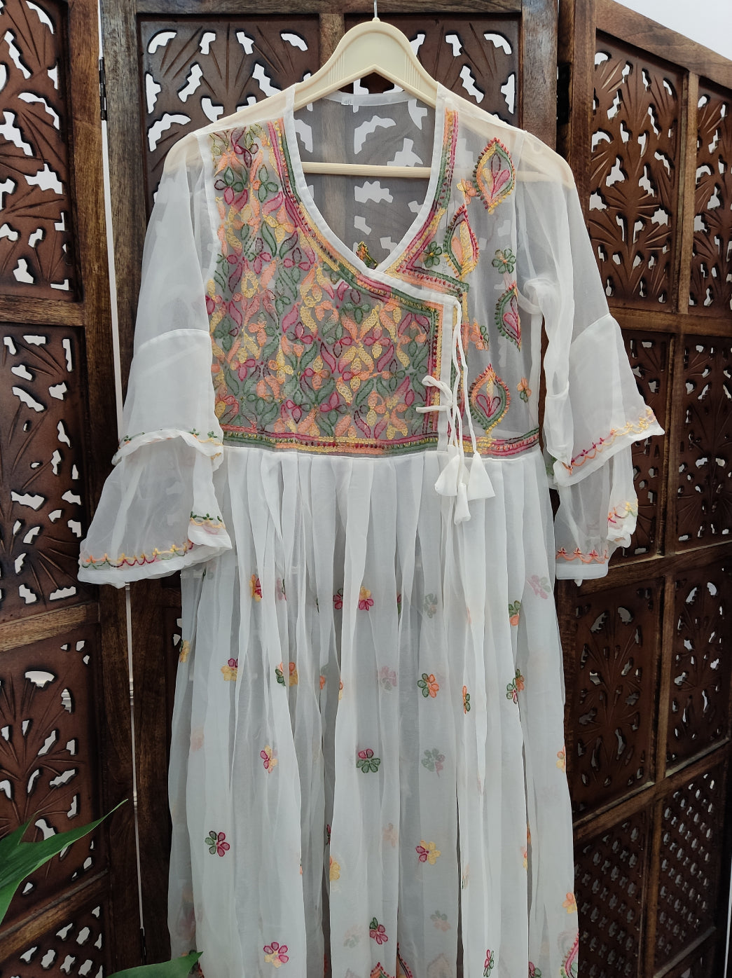 White Multi Georgette Chikankari Angarkha Kurti