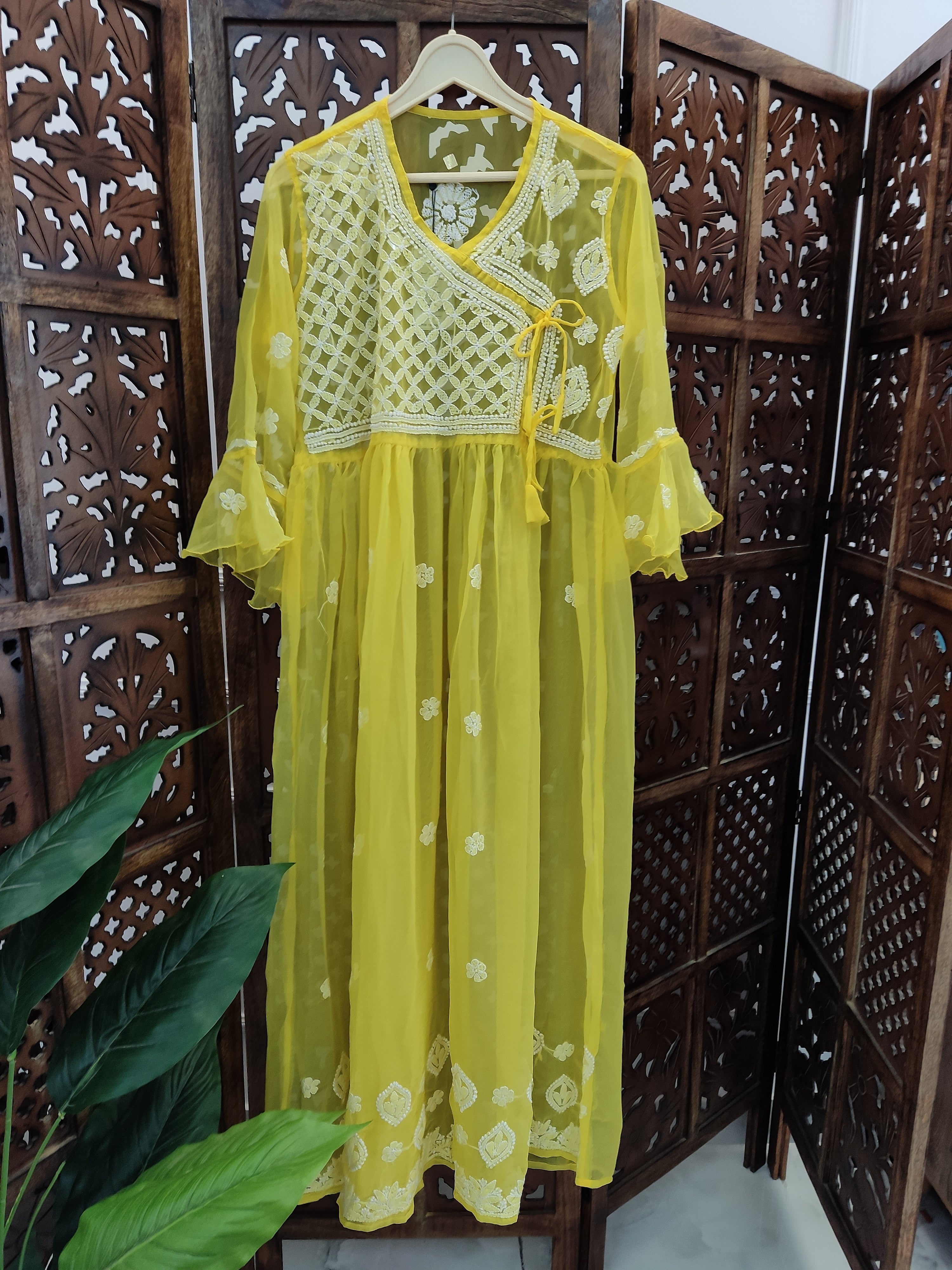 Yellow Georgette Chikankari Angarkha Kurti