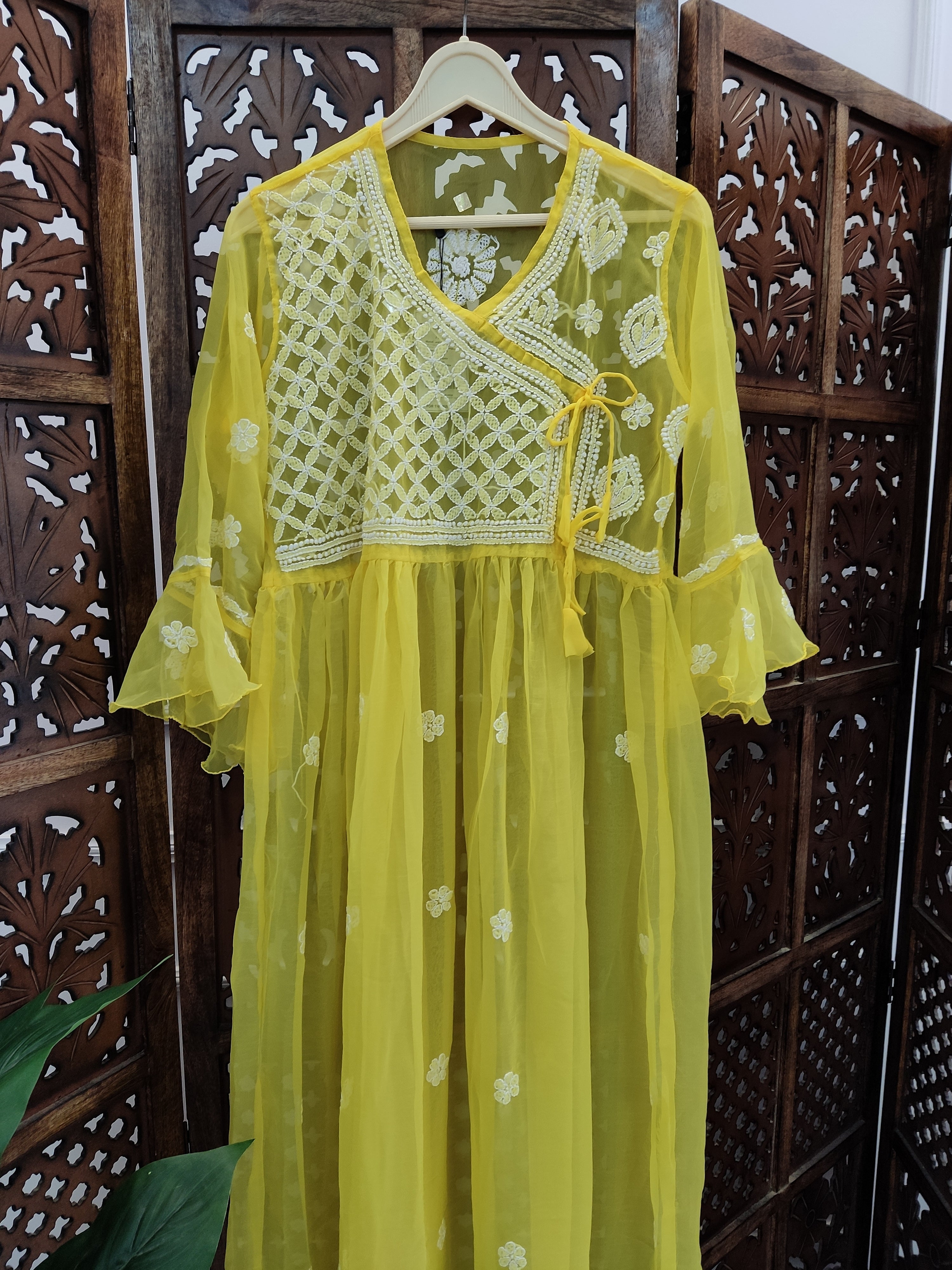 Yellow Georgette Chikankari Angarkha Kurti