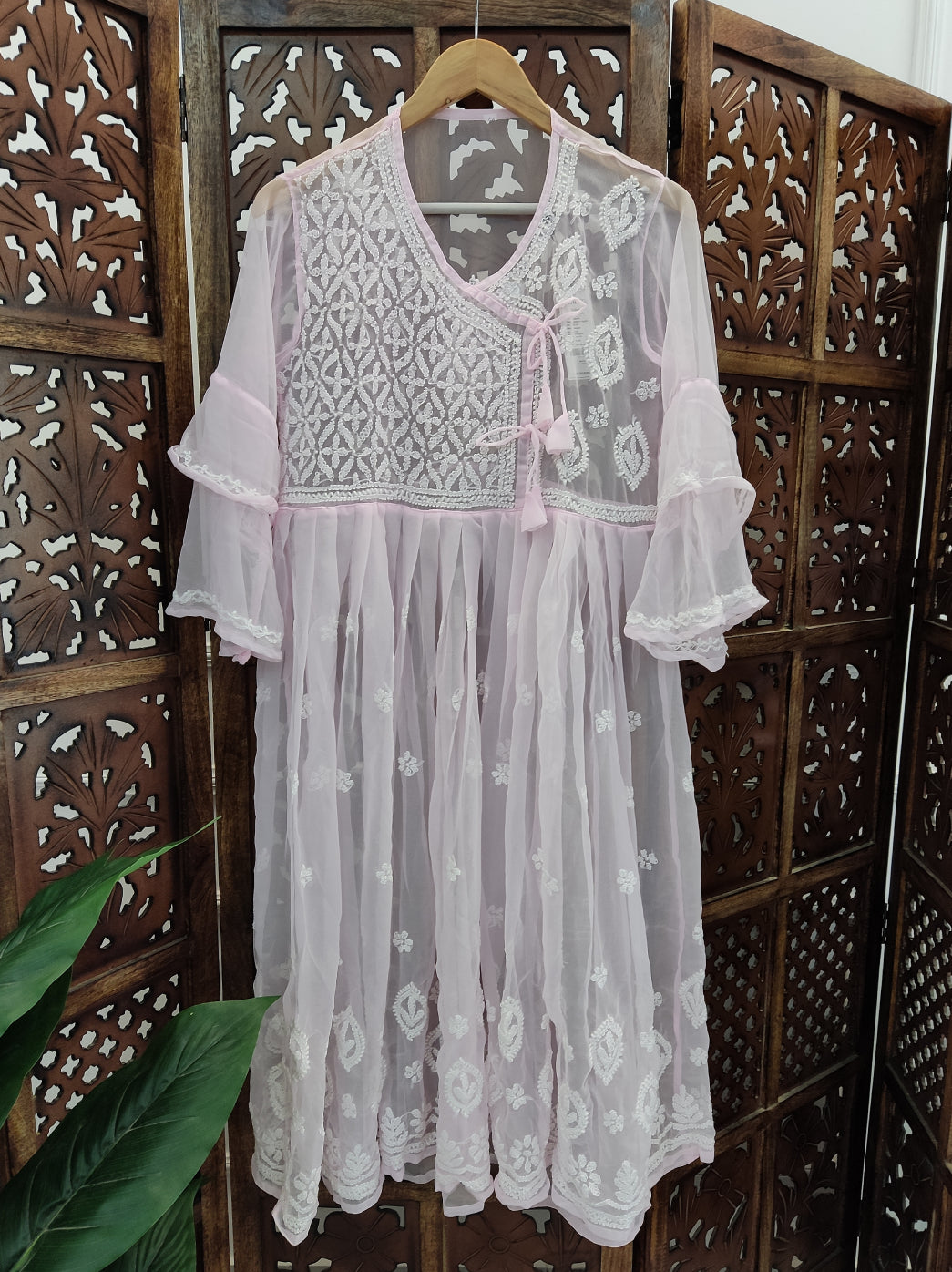 Baby Pink Georgette Chikankari Angarkha Kurti