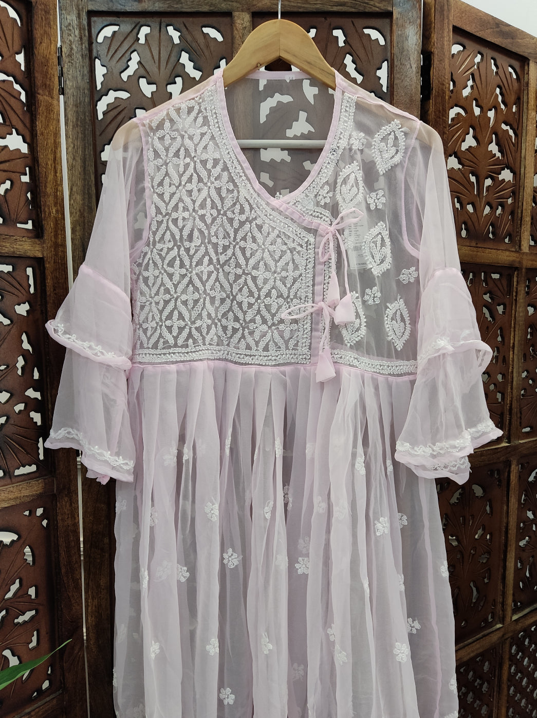 Baby Pink Georgette Chikankari Angarkha Kurti