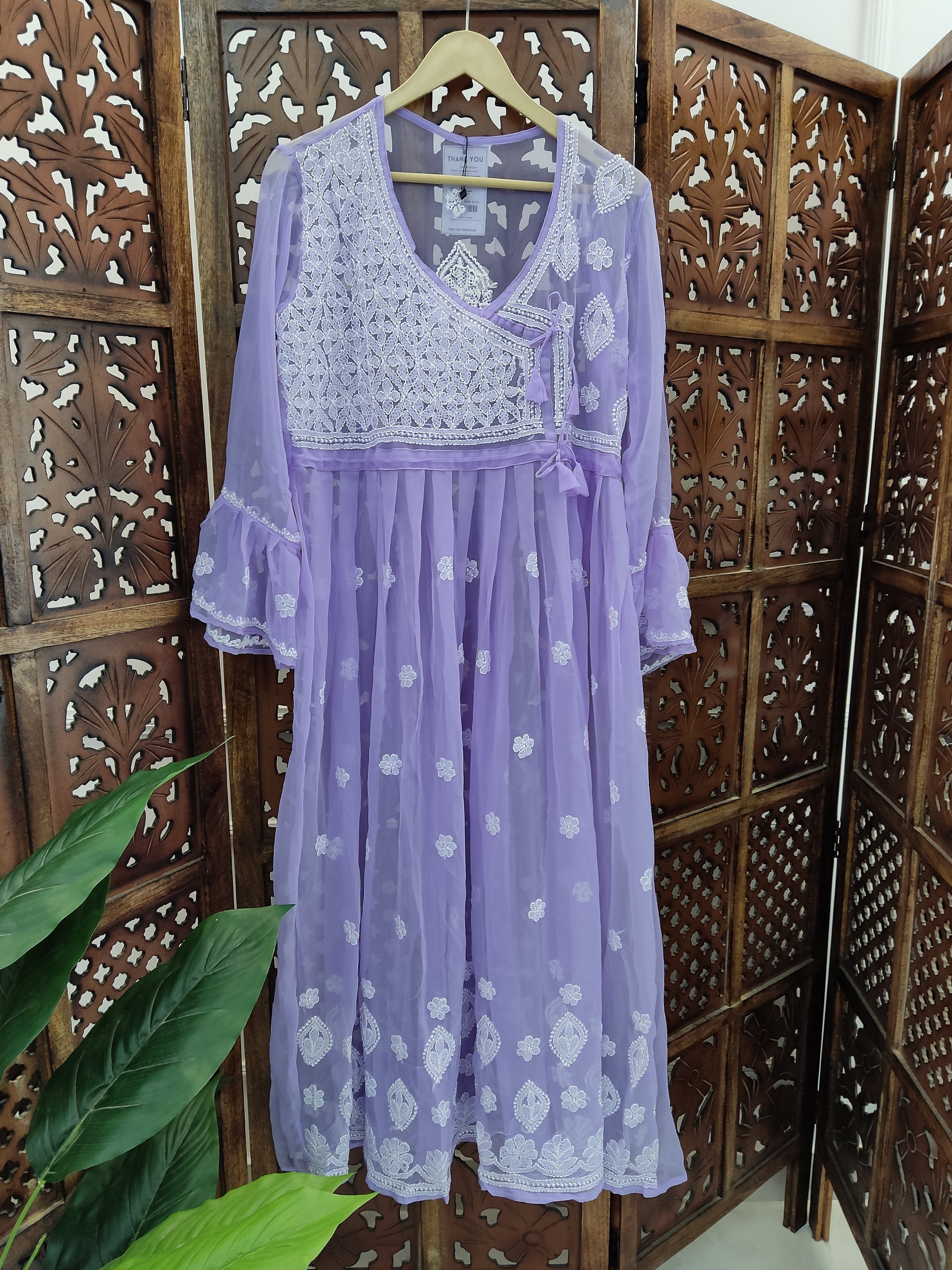 Lavender Georgette Chikankari Angarkha Kurti