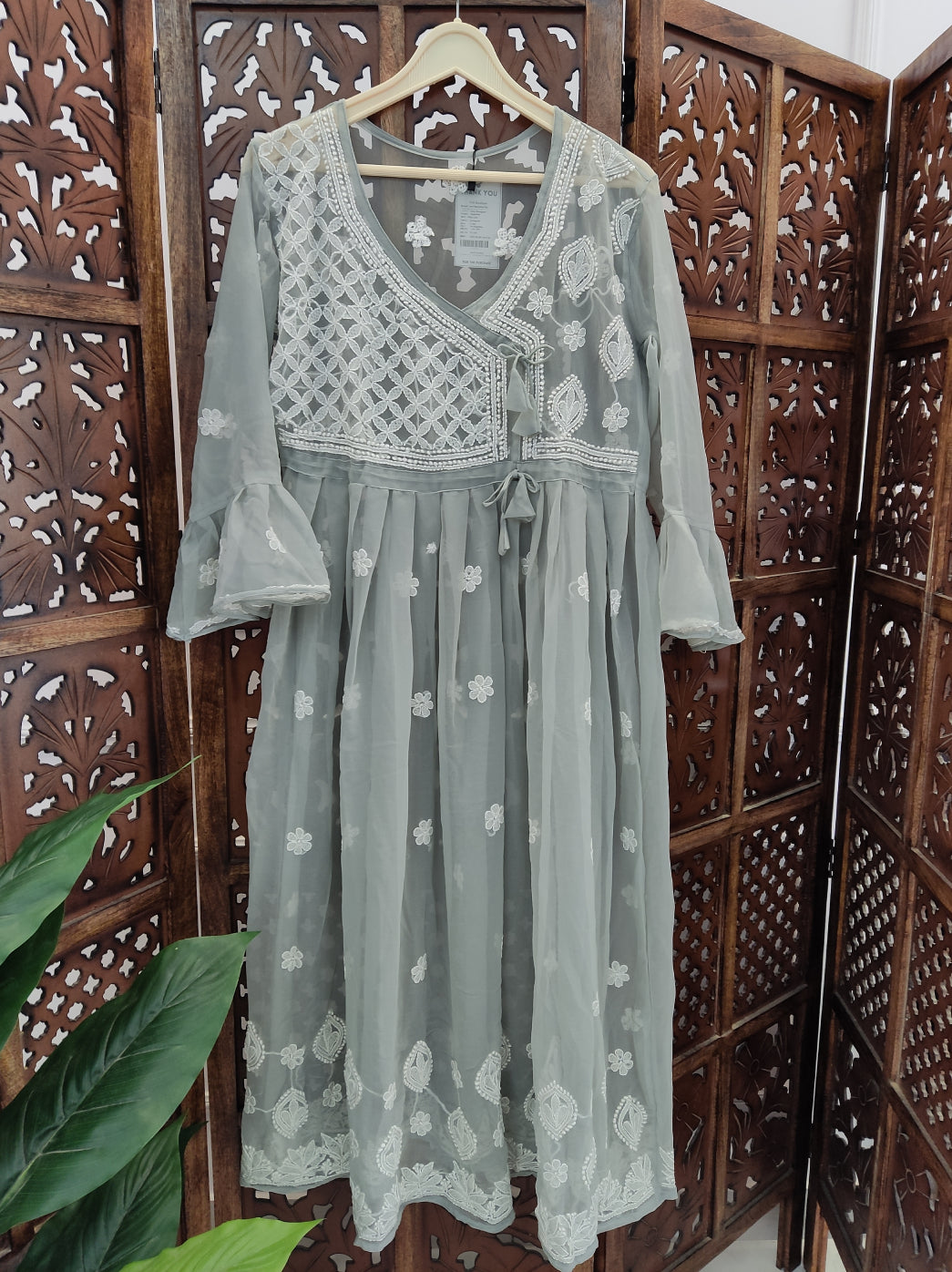 Grey Georgette Chikankari Angarkha Kurti