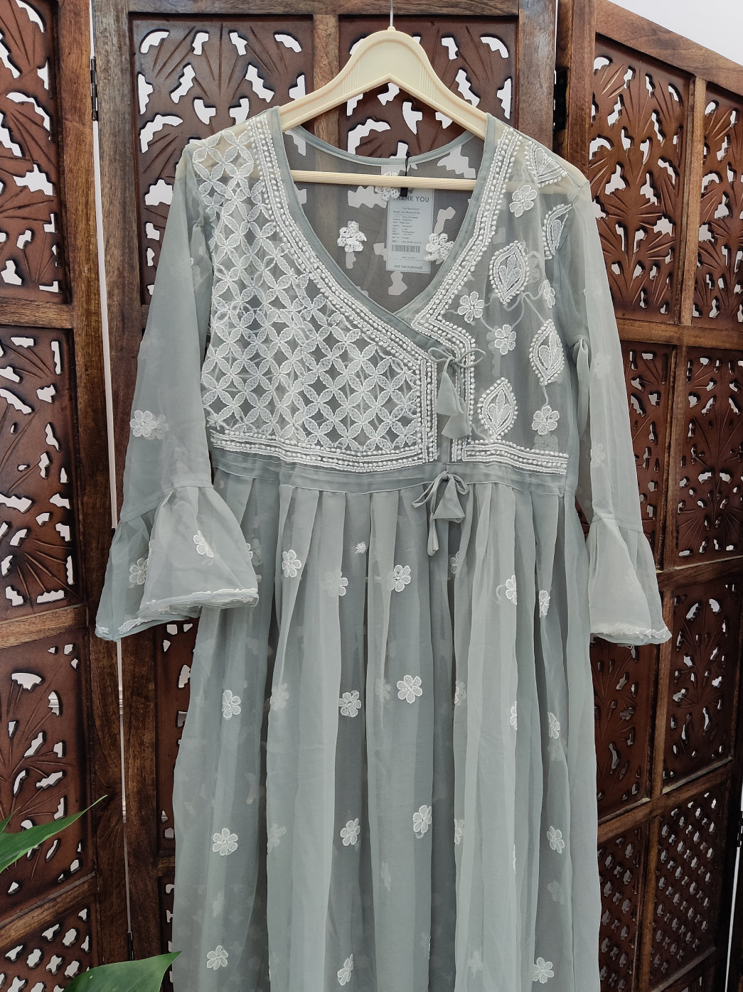 Grey Georgette Chikankari Angarkha Kurti