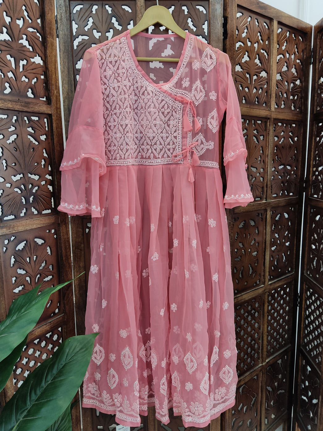 Peach Georgette Chikankari Angarkha Kurti