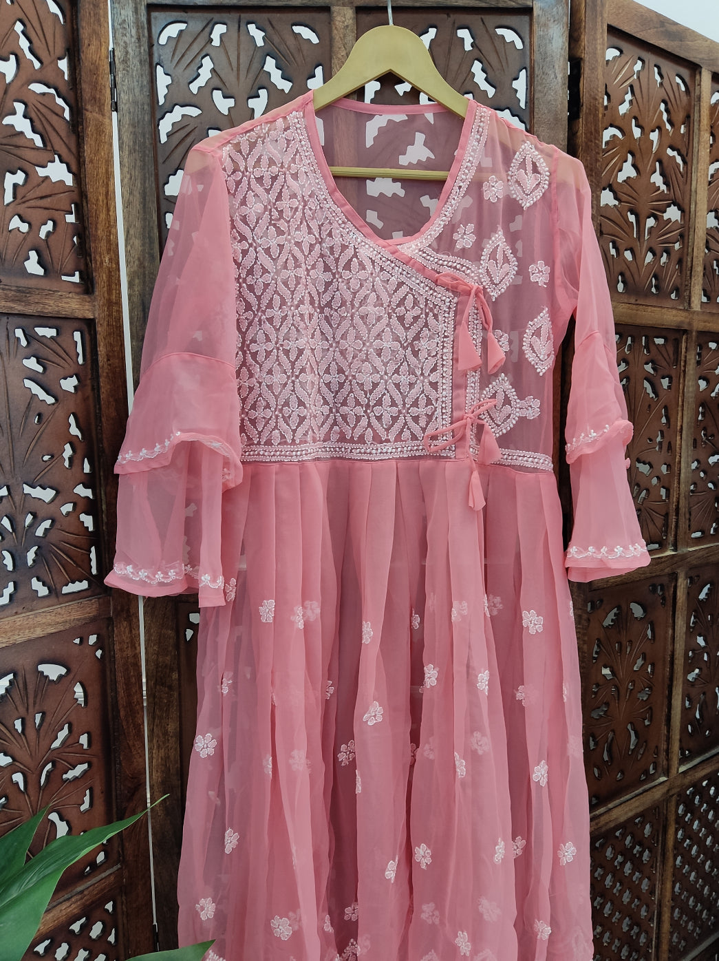 Peach Georgette Chikankari Angarkha Kurti