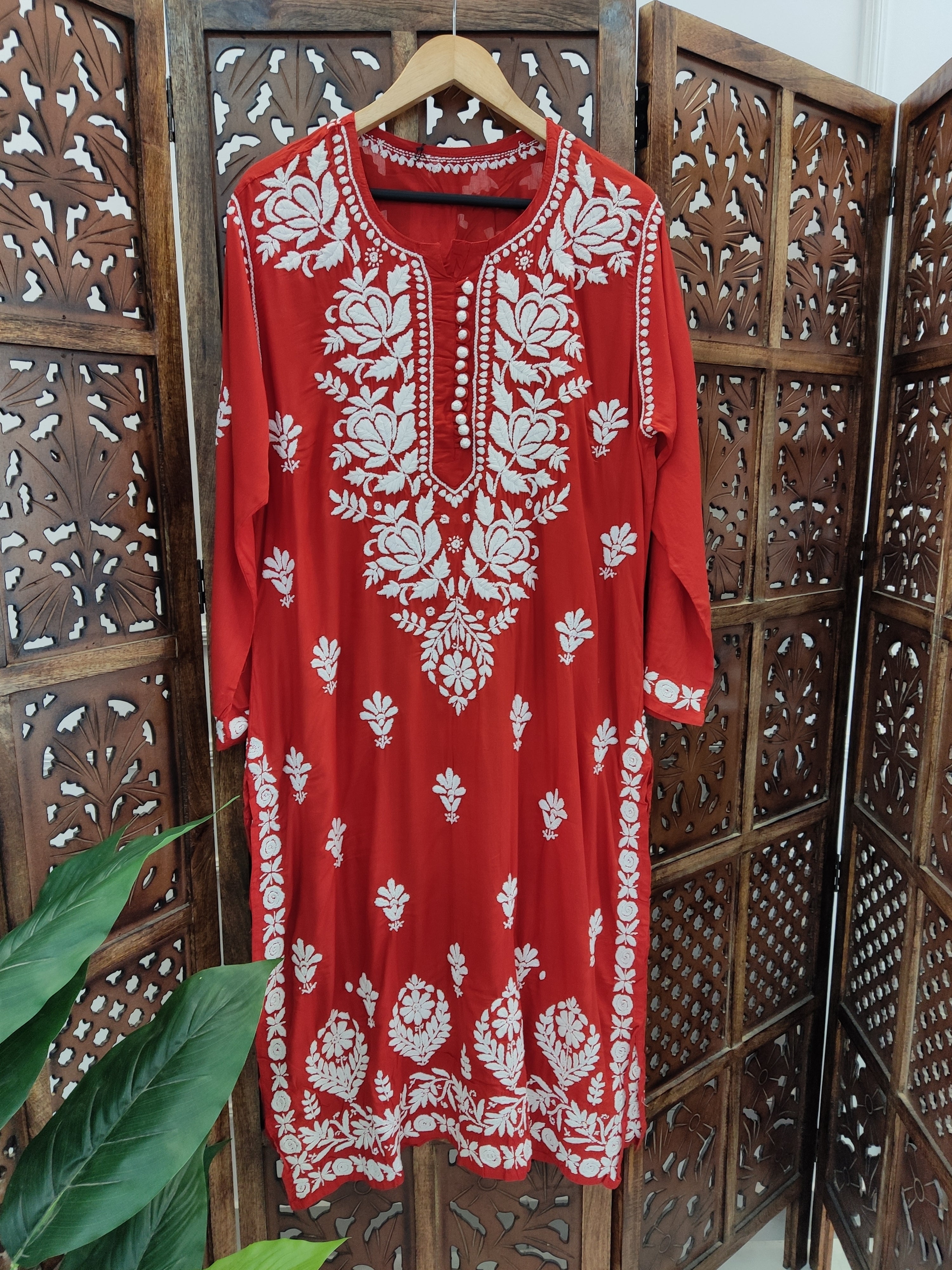 Red Modal Chikankari Straight Kurti