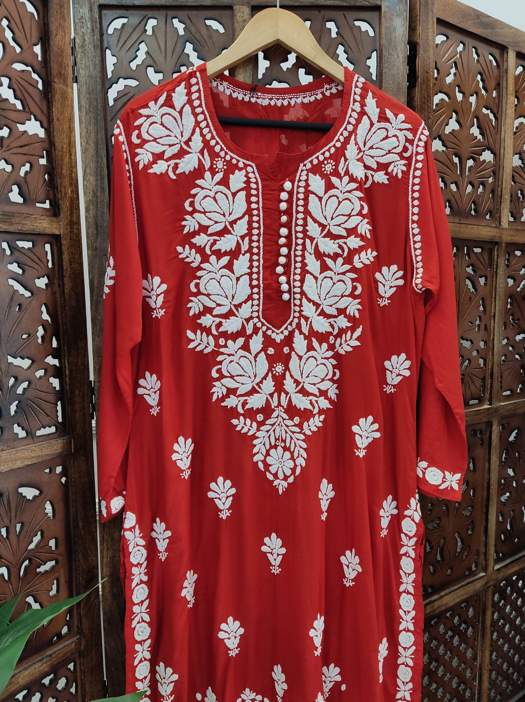 Red Modal Chikankari Straight Kurti