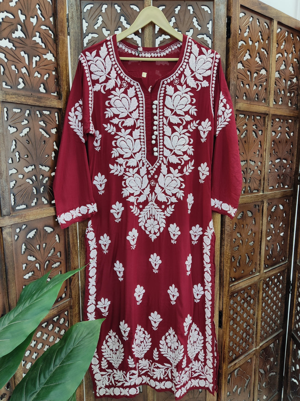 Maroon Modal Chikankari Straight Kurti