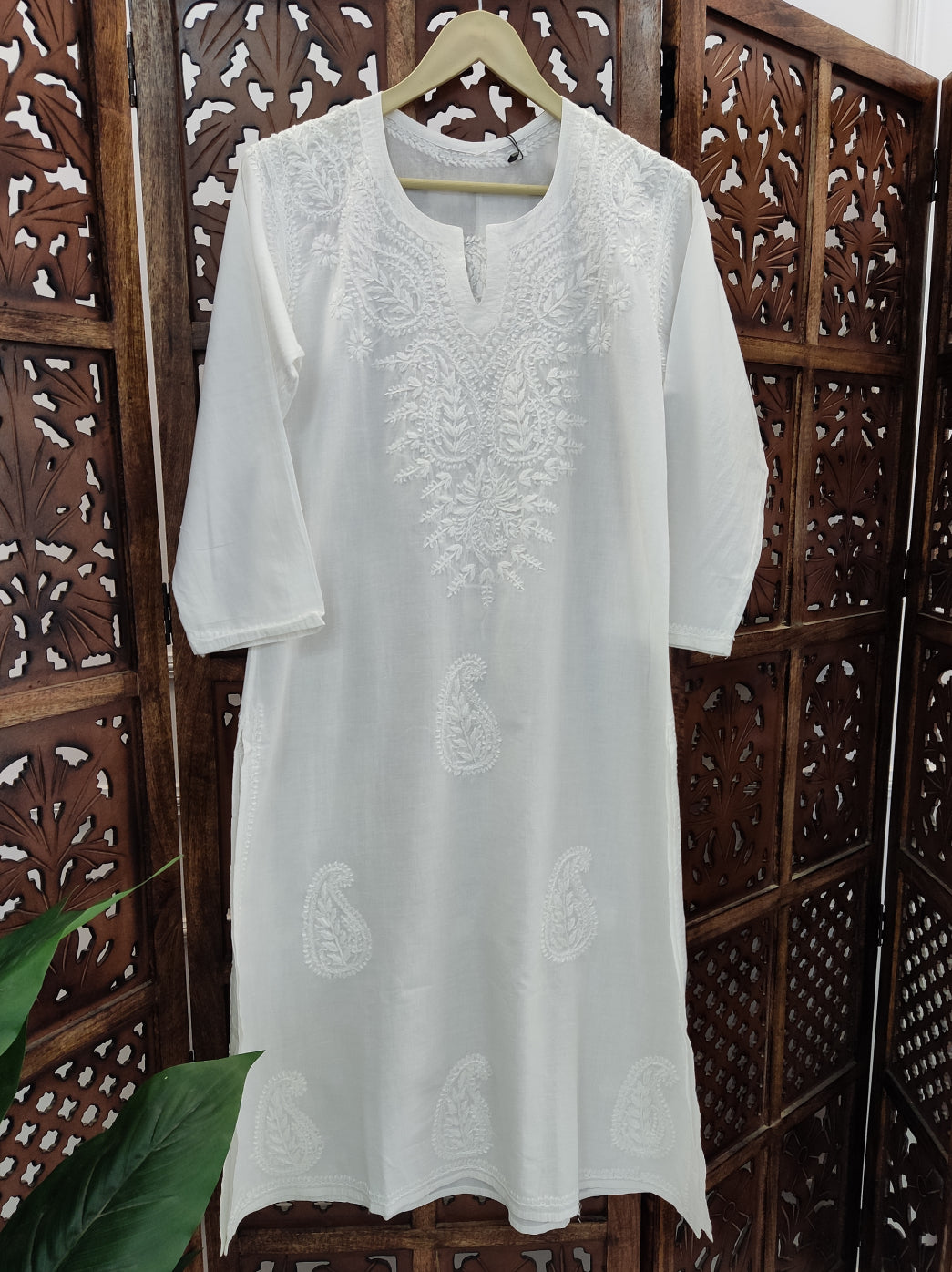 White Cotton Chikankari Straight Kurti