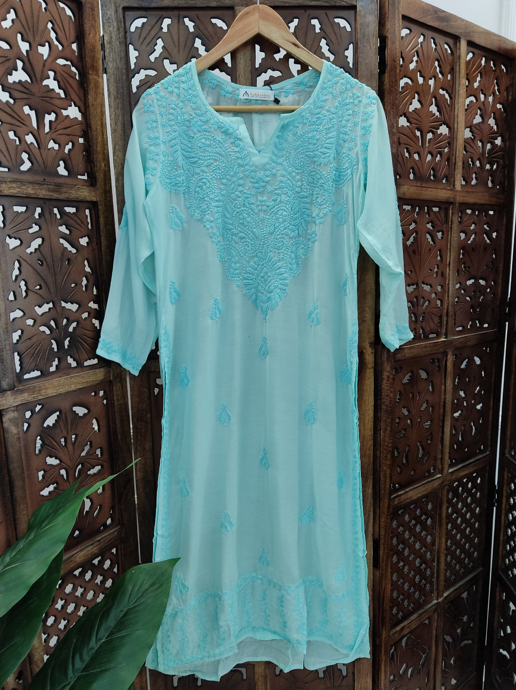 Sea Green Muslin Chikankari Straight Kurti