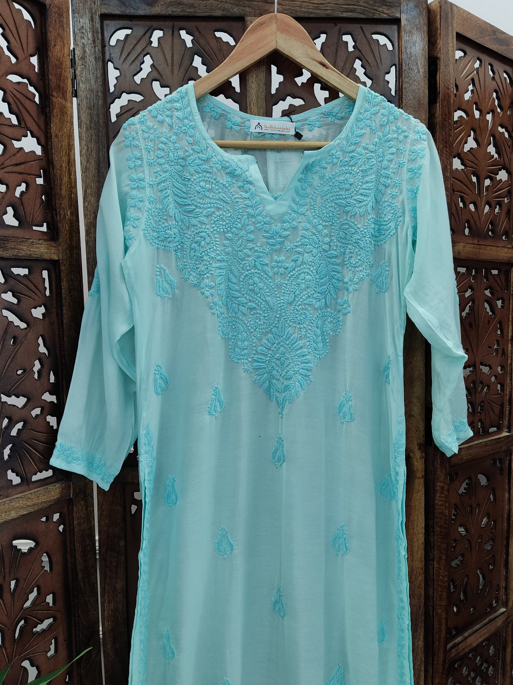 Sea Green Muslin Chikankari Straight Kurti