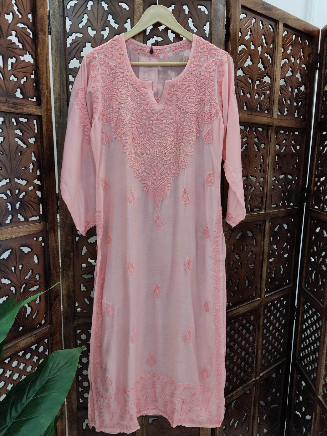 Peach Muslin Chikankari Straight Kurti