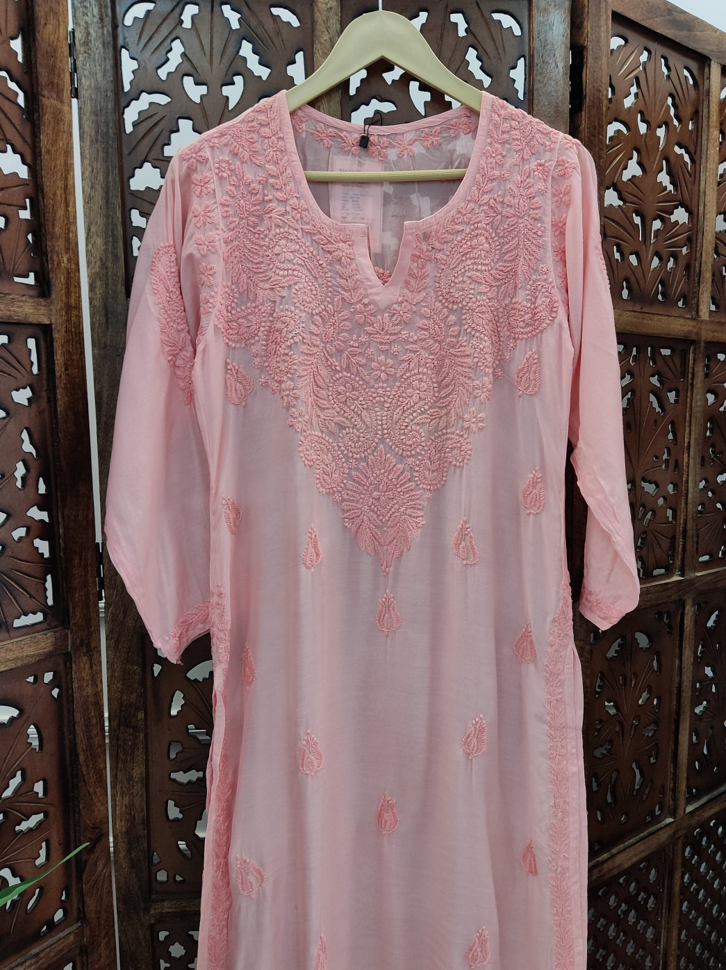 Peach Muslin Chikankari Straight Kurti