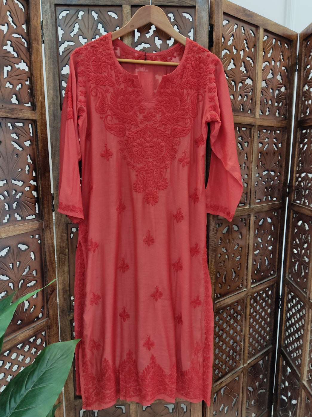 Red Muslin Chikankari Straight Kurti