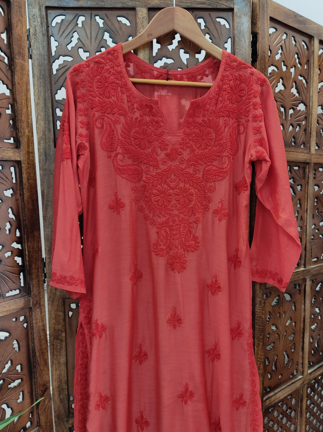 Red Muslin Chikankari Straight Kurti