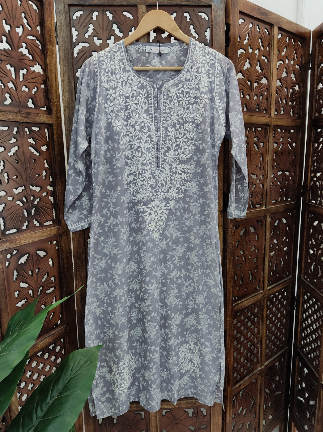 Grey Cotton Printed Chikankari Straight Kurti