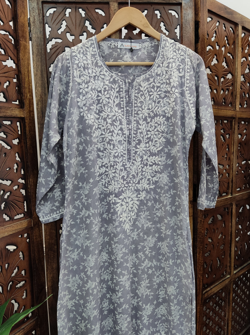 Grey Cotton Printed Chikankari Straight Kurti