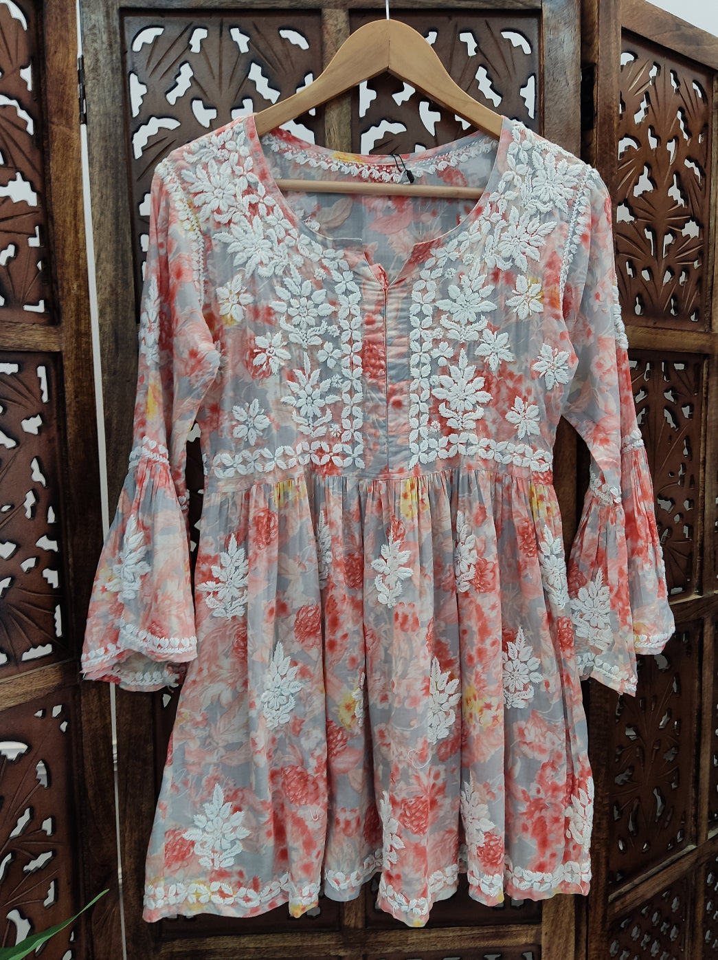 Peach Mulmul Printed Chikankari Short Top