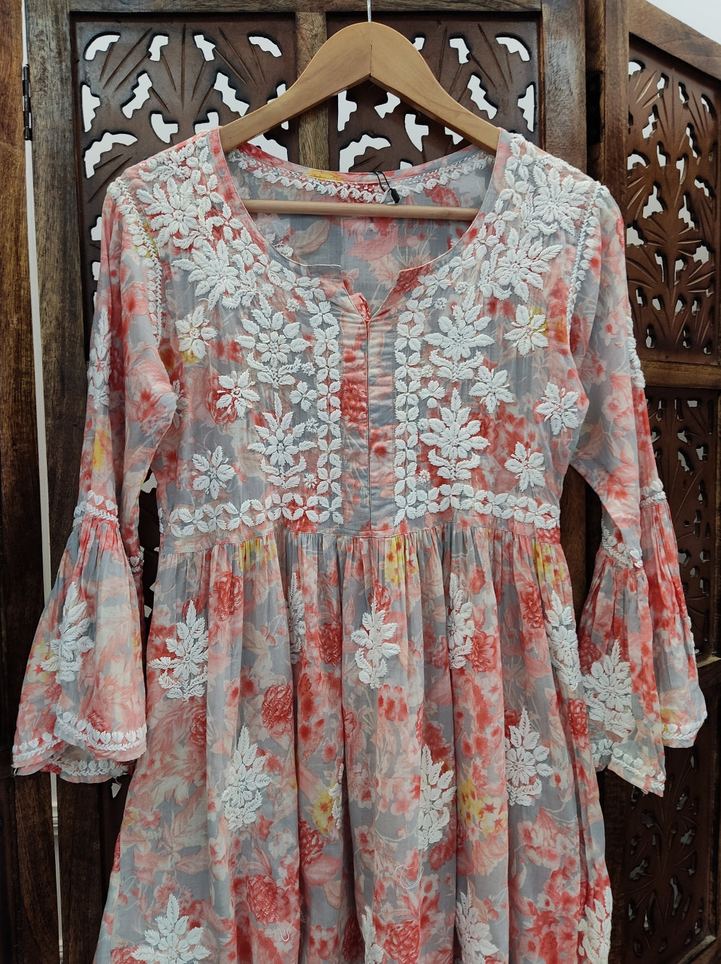 Peach Mulmul Printed Chikankari Short Top