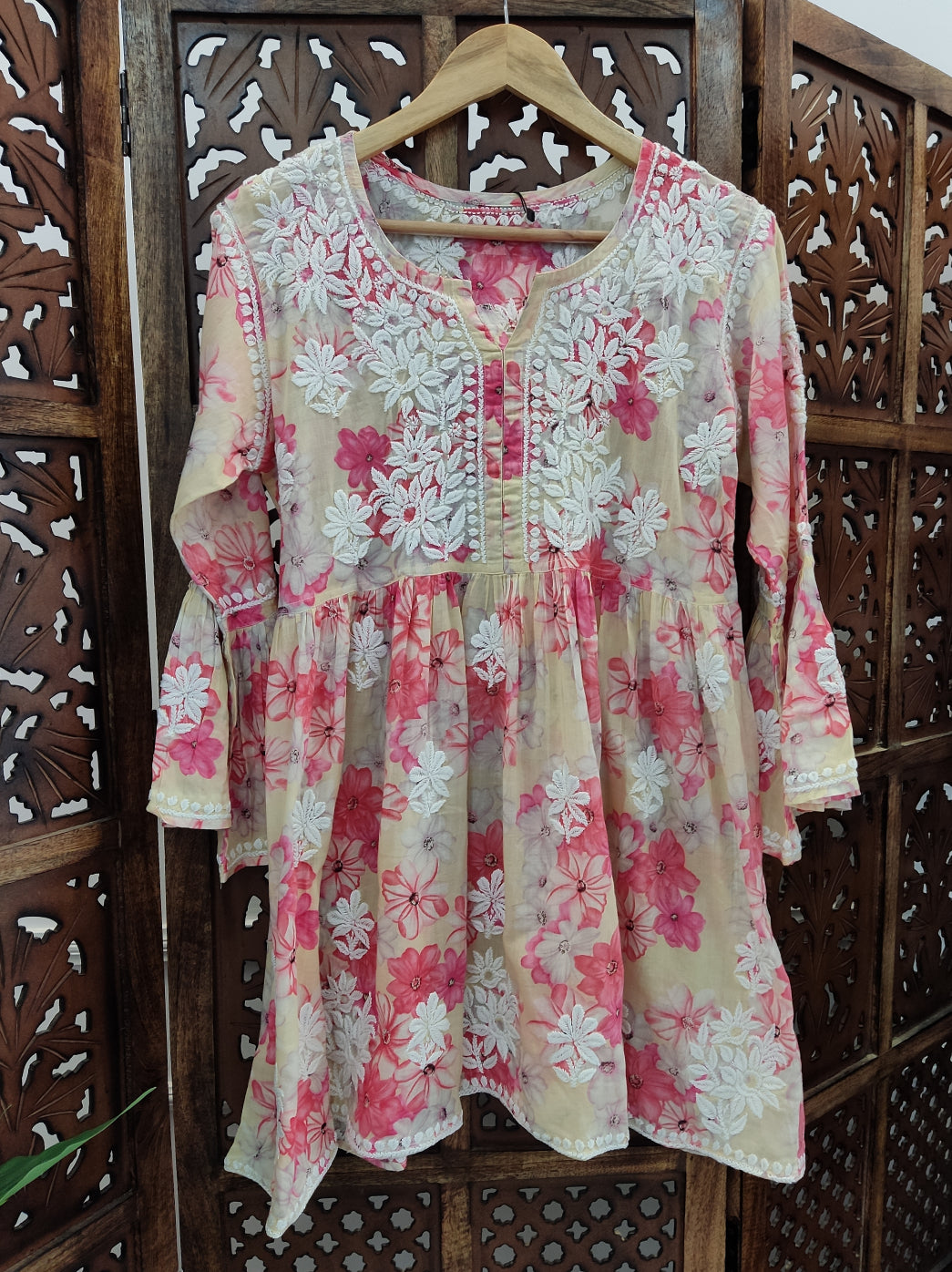 Beige Mulmul Printed Chikankari Short Top