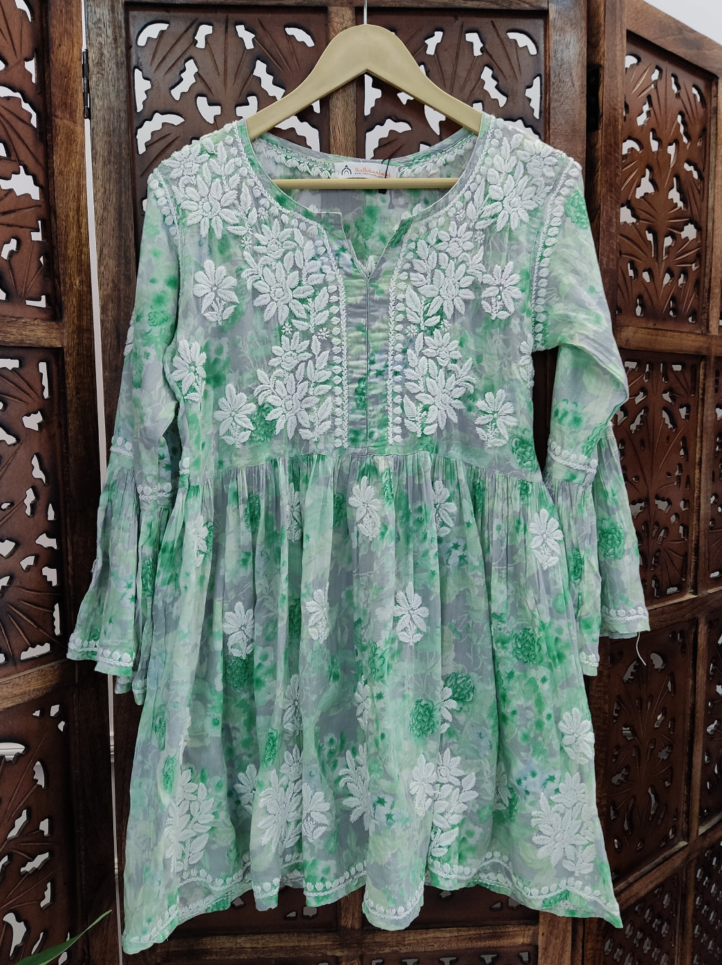 Green Mulmul Printed Chikankari Short Top