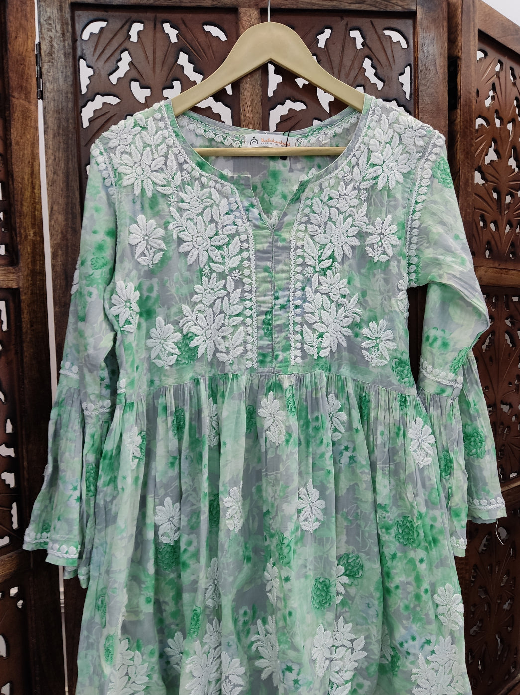 Green Mulmul Printed Chikankari Short Top