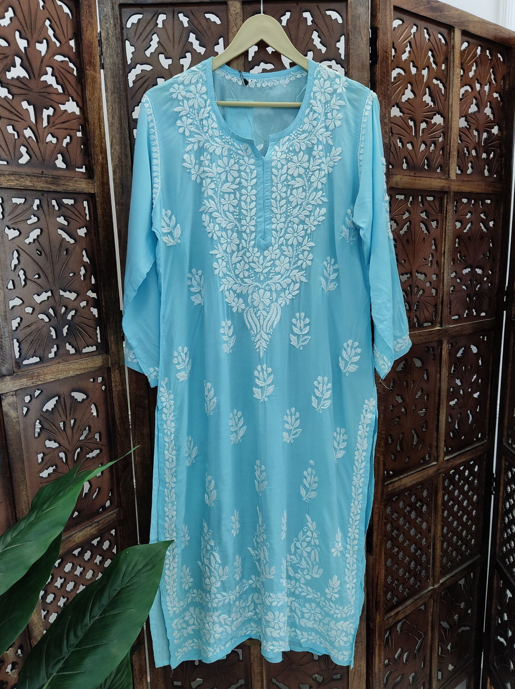 Sky Blue Modal Chikankari Straight Kurti