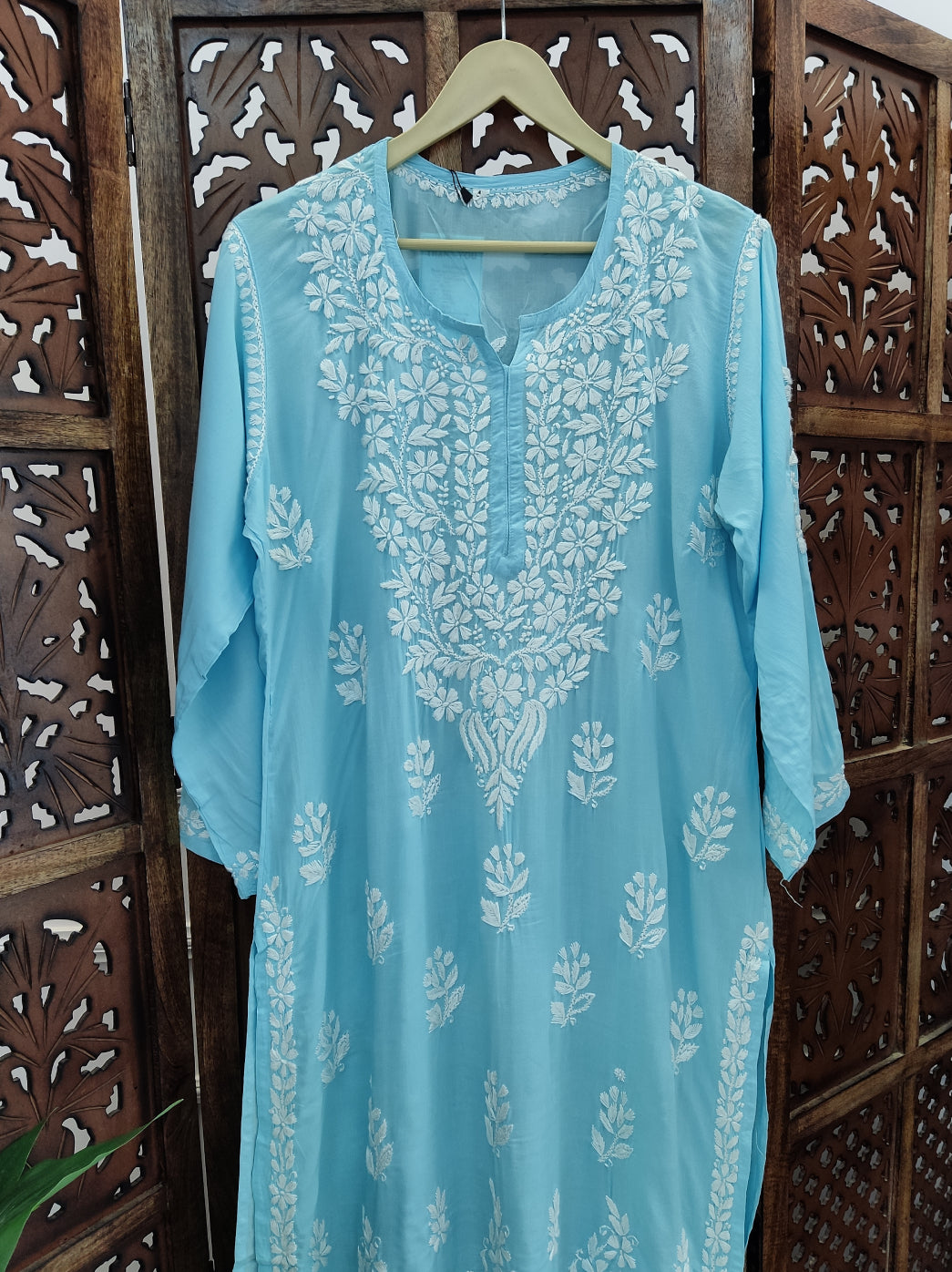 Sky Blue Modal Chikankari Straight Kurti