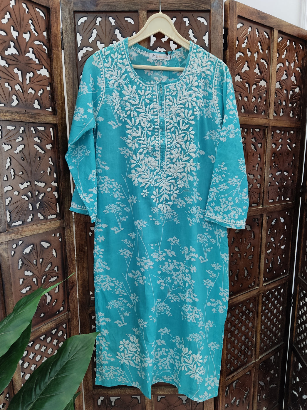 Sea Green Cotton Printed Chikankari Straight Kurti